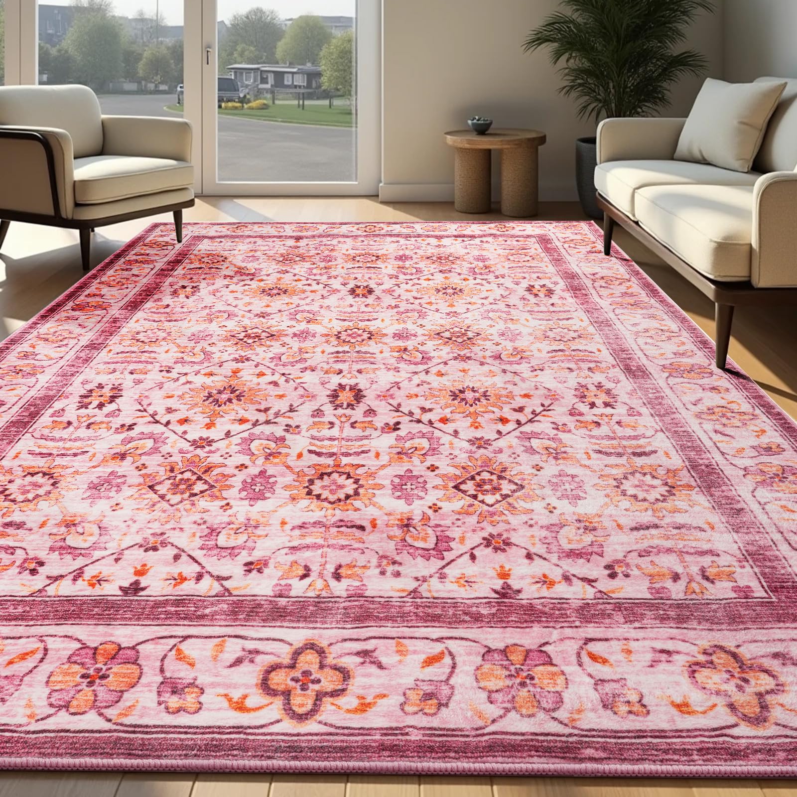 Washable Area Rugs Door Mat Entryway Vintage Floral Non-Slip Low Pile Entrance Thin Rug Carpet for Kitchen Bathroom Living Room Pink
