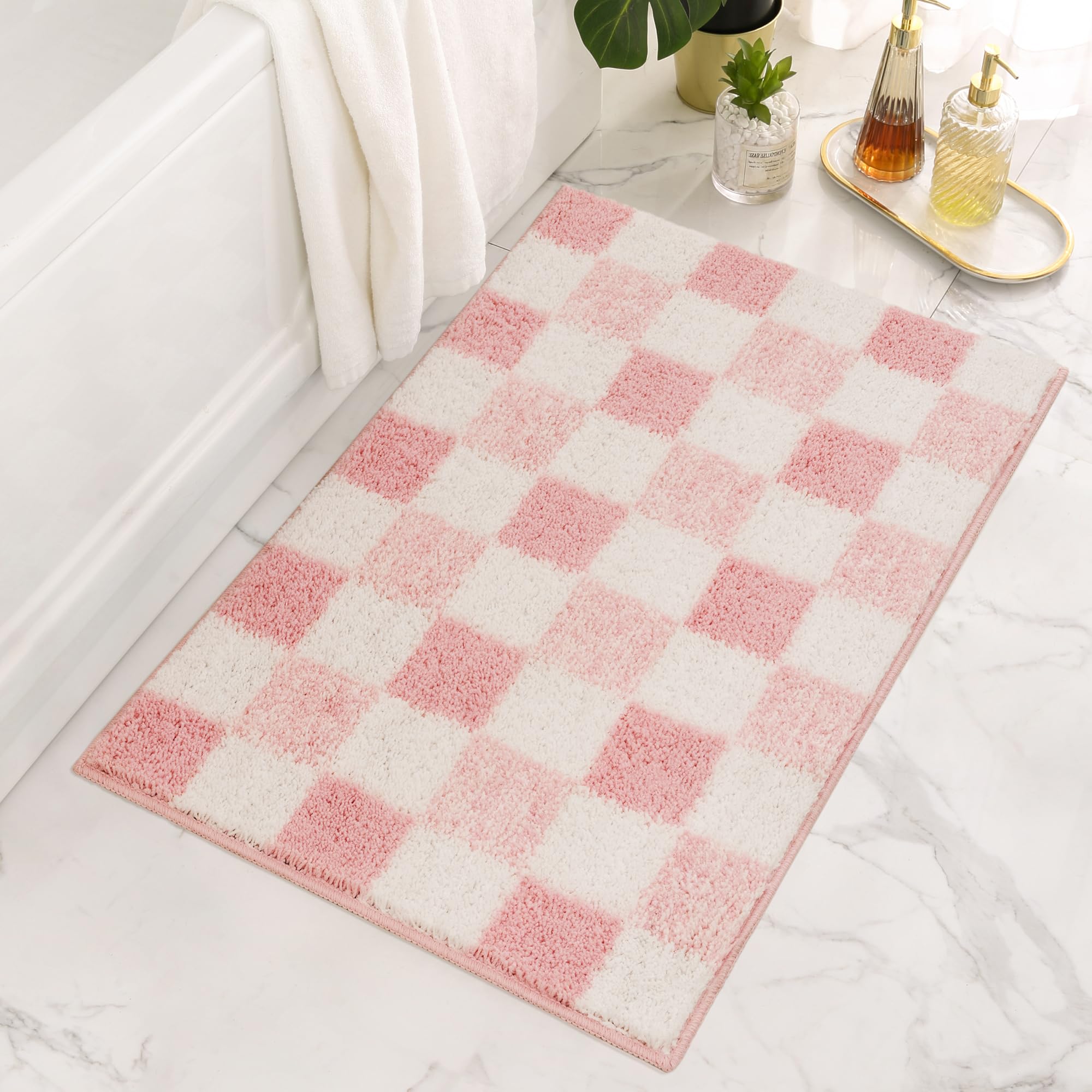 Checkered Bathroom Rugs, Fluffy Rug, Absorbent Microfiber Ultra Soft Bath Mat Washable, Non-Slip Bath Mats for Bathroom, Cute Floor Mat