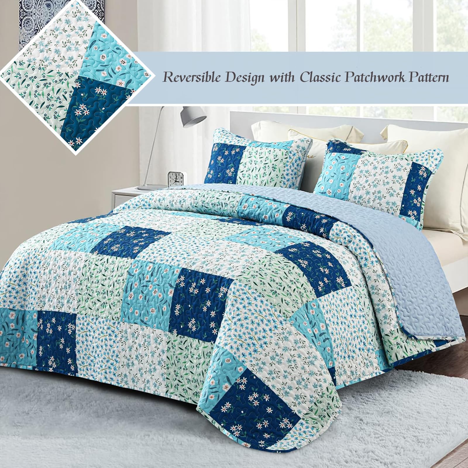 Reversible Patchwork Quilts Full Size, Lightweight Boho Printed Bedspreads Coverlets Quilt Bedding Set with 2 Pillow Shams