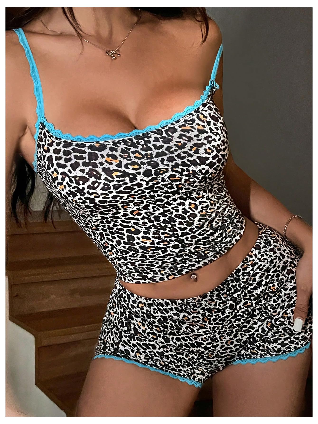 Women's 2 Piece Pajama Set Y2K Leopard Print Lace Trim Cami Crop Top and Shorts Sleepwear Set Cheetah Pjs Loungewear