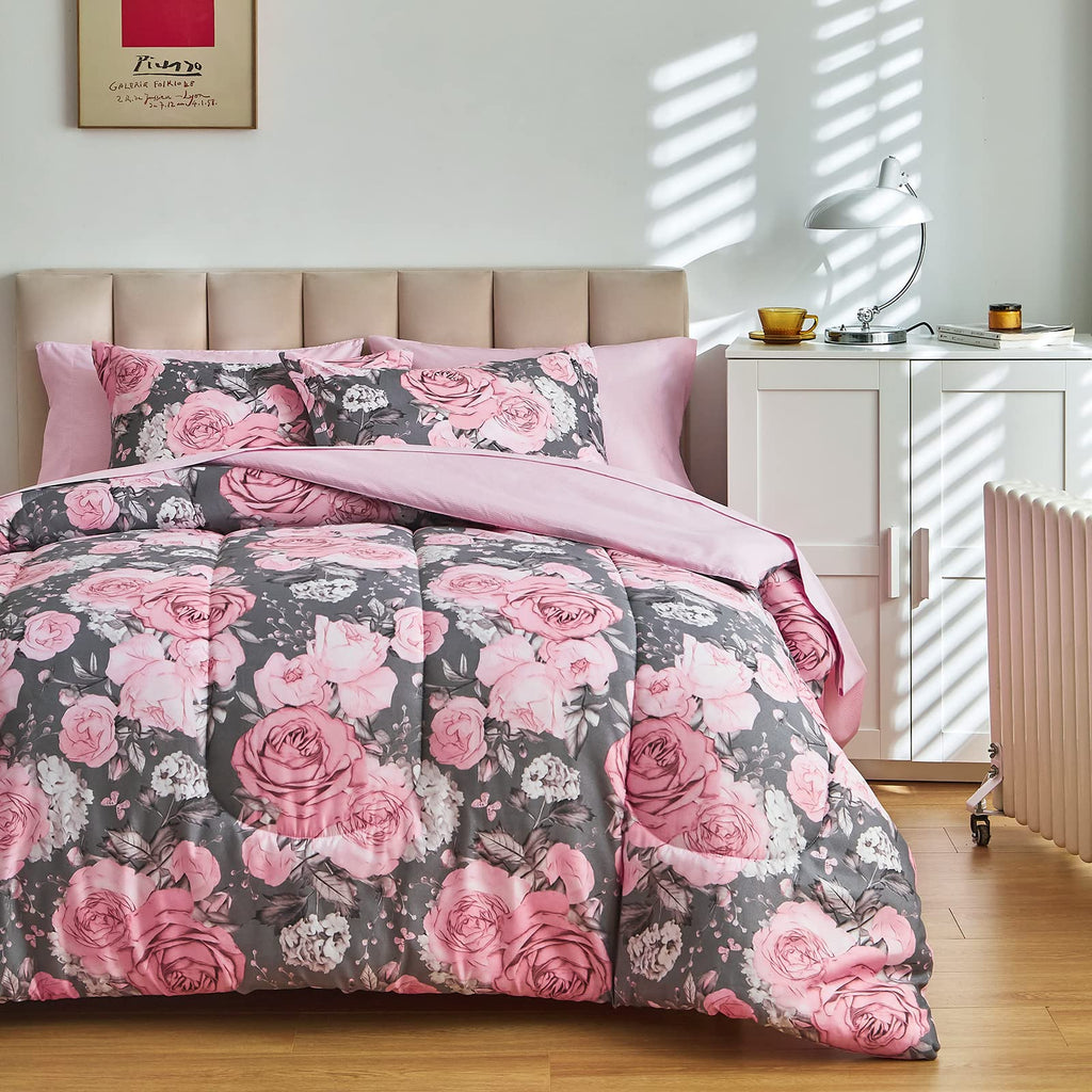 Flower Comforter Sheet Set White Bed in a Bag 7 Pieces Size Pink Floral Microfiber Bedding Set (1 Comforter 2 Pillow Shams 1 Flat Sheet 1 Fitted Sheet 2 Pillowcases)
