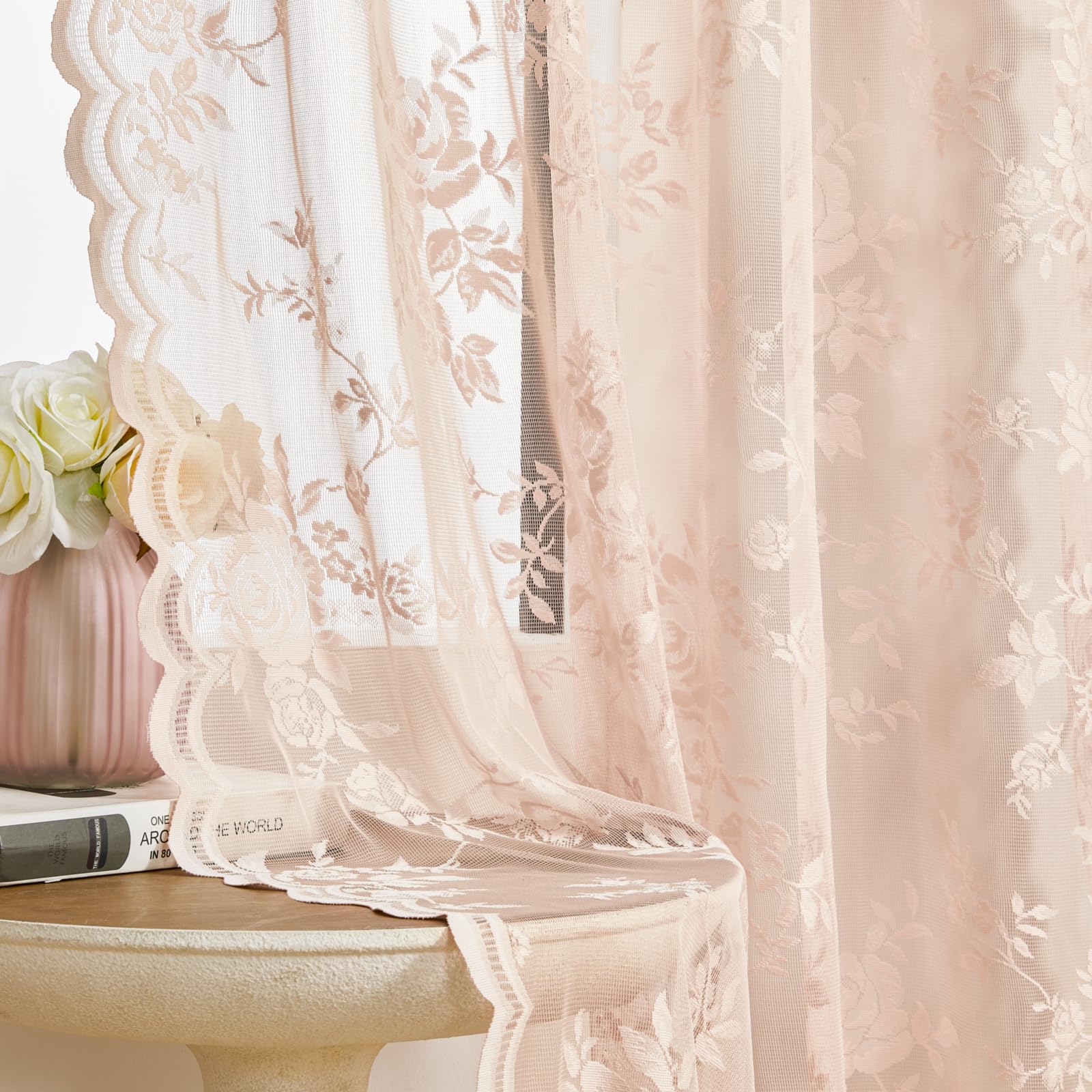 Lace Curtains 2 Panels Set Victorian Floral Sheer Curtains for Living Room Bedroom Girls Room Rod Pocket Light Filtering Romantic French Drapes Window Decor