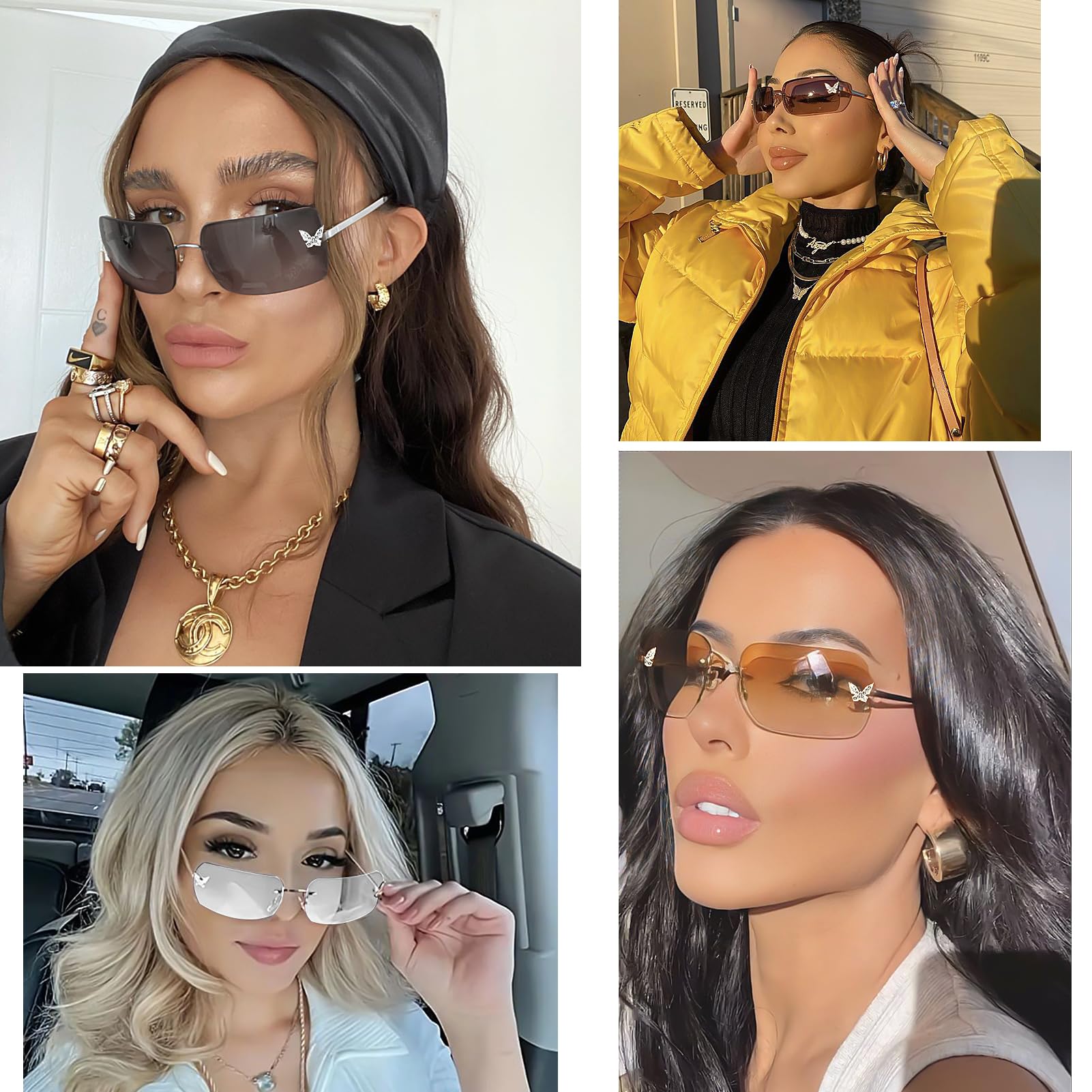 Rimless Rectangle Y2k Sunglasses Cute Small Clear Frameless Tinted Lens 2000S Fashion Shades Butterfly
