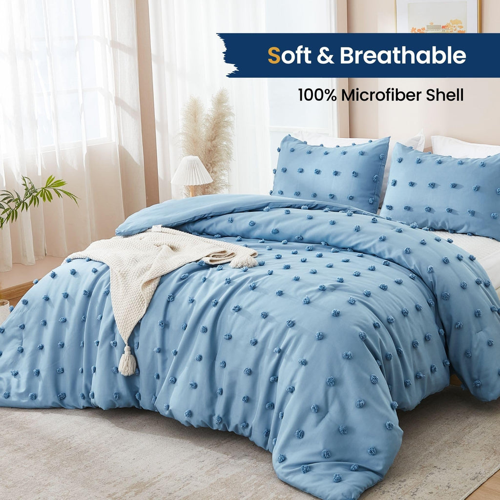 Comforter Set, 2 Pieces- Soft Cotton Lightweight Comforter with 1 Pillowcase, Chenille Dots All Season Down Alternative Comforter Set for Bedding