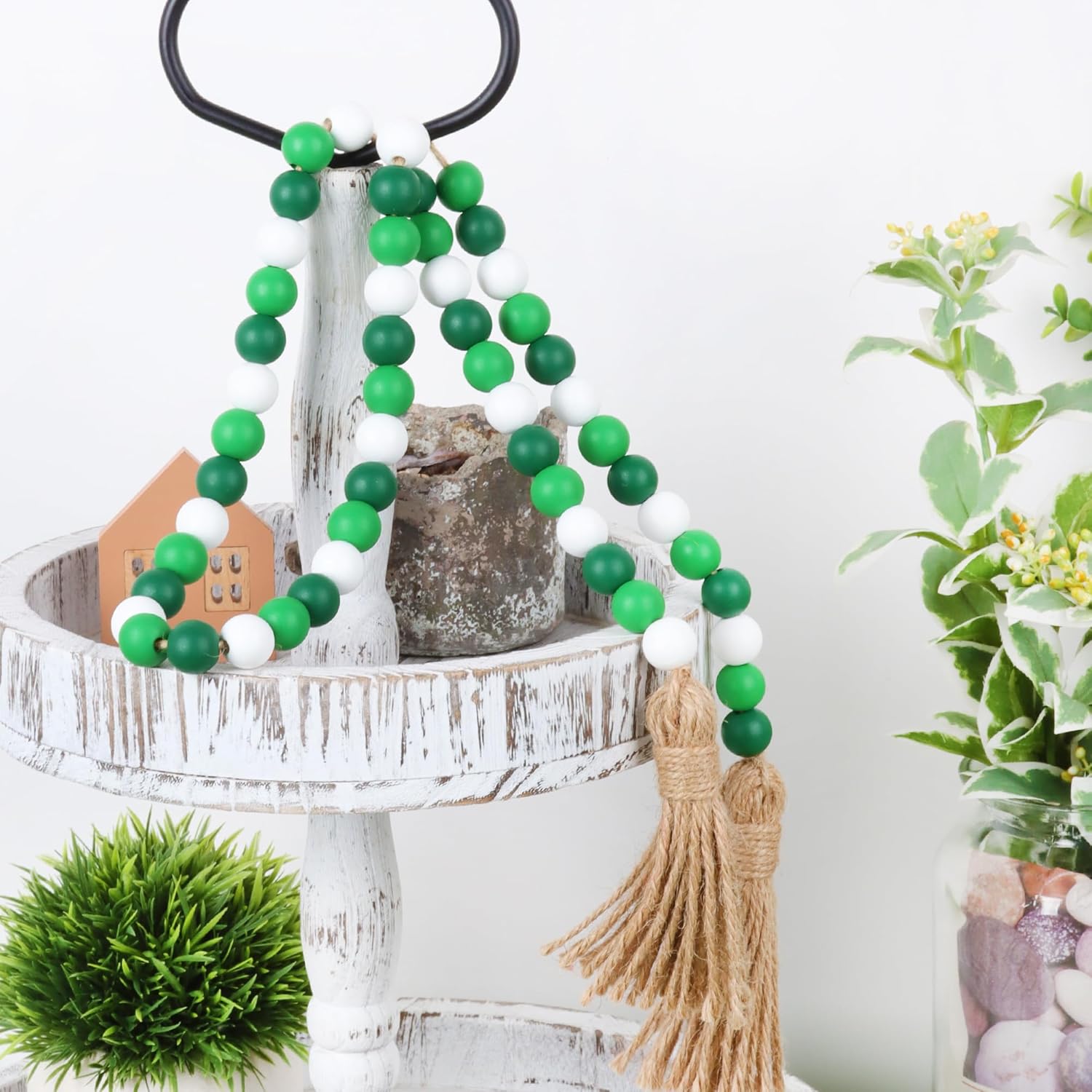 Wood Bead Garland,39in Farmhouse Beads with Tassels Boho Beads for Tiered Tray Decorative Beads Home Decor