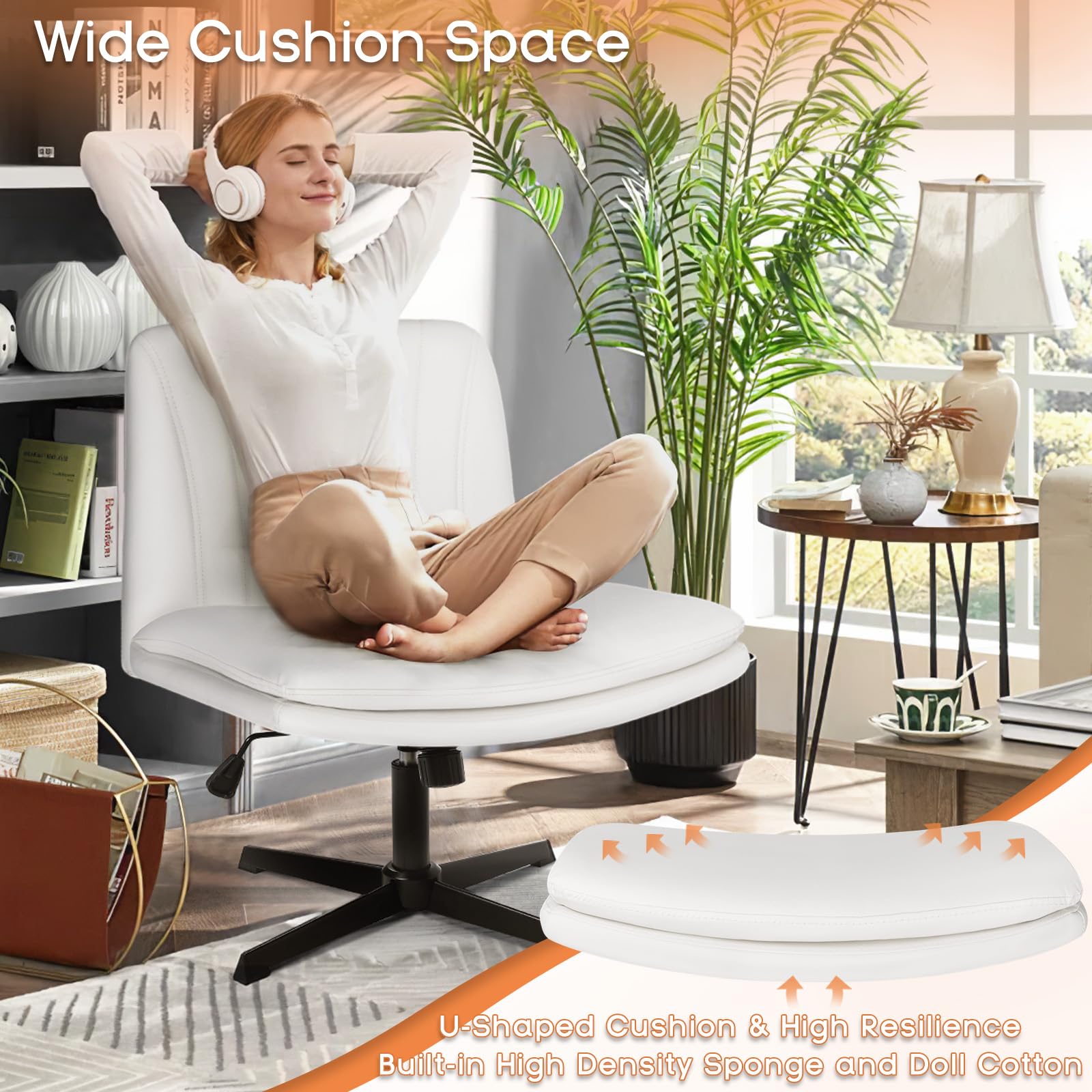 Criss Cross Chair, Armless Cross Legged Office Desk Chair No Wheels, Fabric Padded Modern Swivel Height Adjustable Mid Back Wide Seat