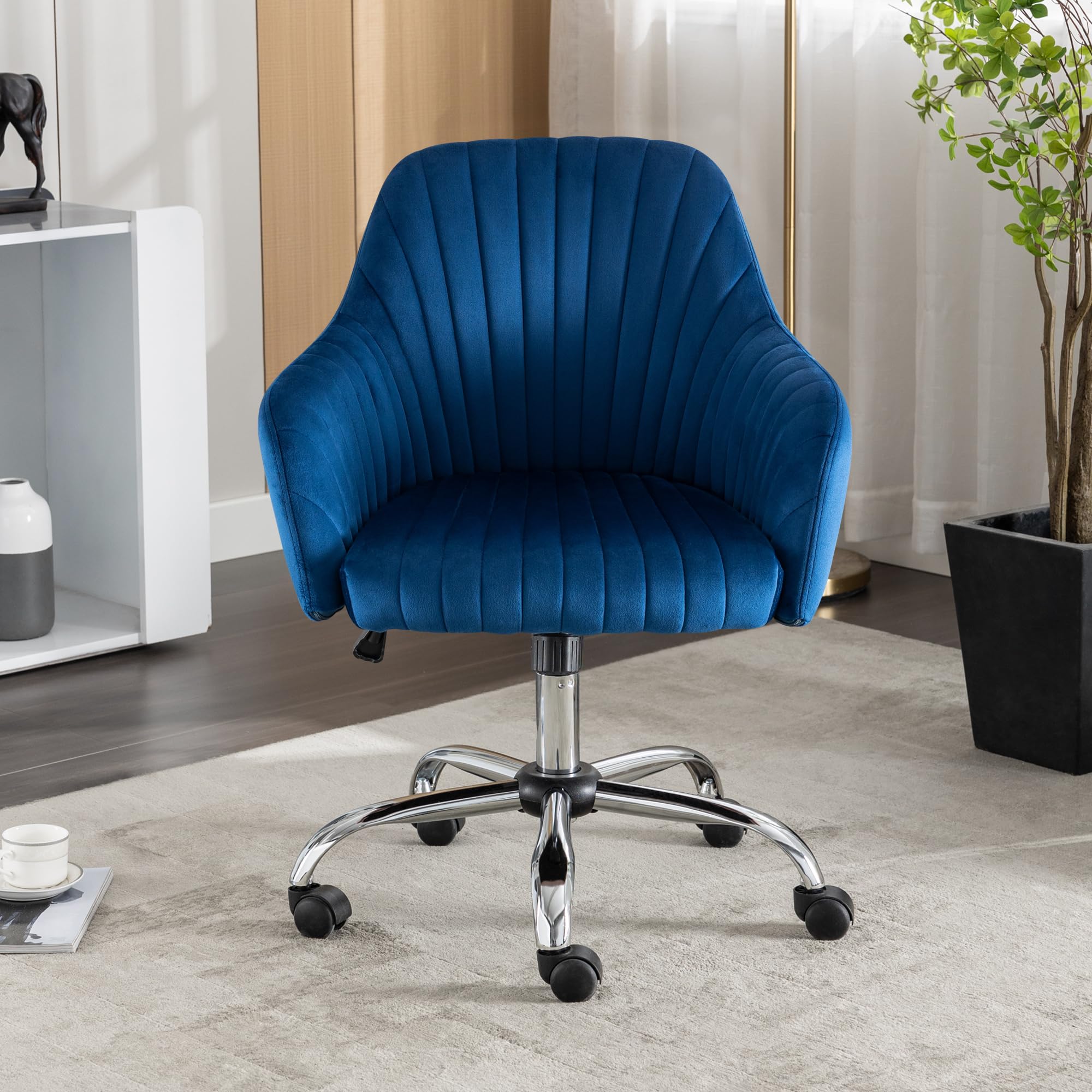 Modern Vanity Velvet Adjustable Low Back Rolling Chair, Twill Upholstered Cute Chair with Wheels