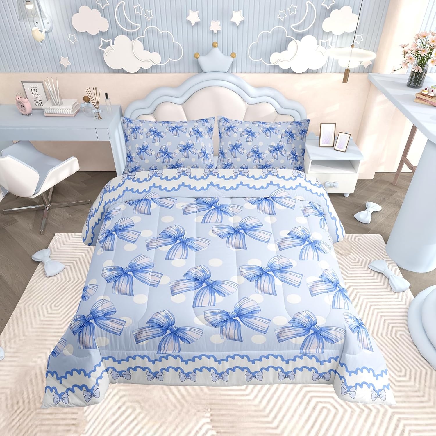 Floral Bowknot Comforter Set,Pink Bow Tie Print Bedding Set Cute Bow Flower Comforter Princess Style Bed Set for All Season