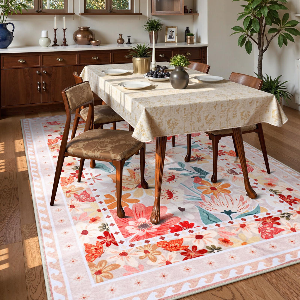 Floral Hallway Runner Rug, Runner Rugs Non Skid Washable, Low Pile Soft Boho Rugs