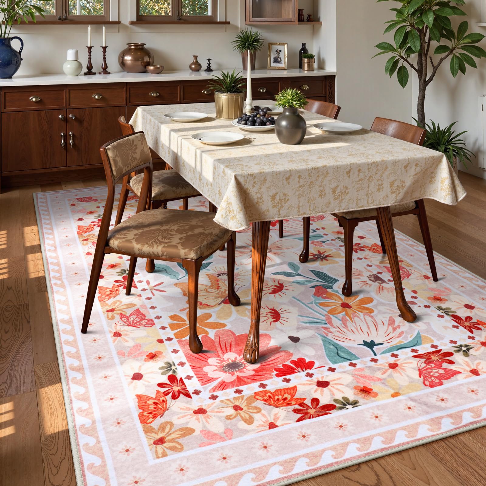 Floral Hallway Runner Rug, Runner Rugs Non Skid Washable, Low Pile Soft Boho Rugs