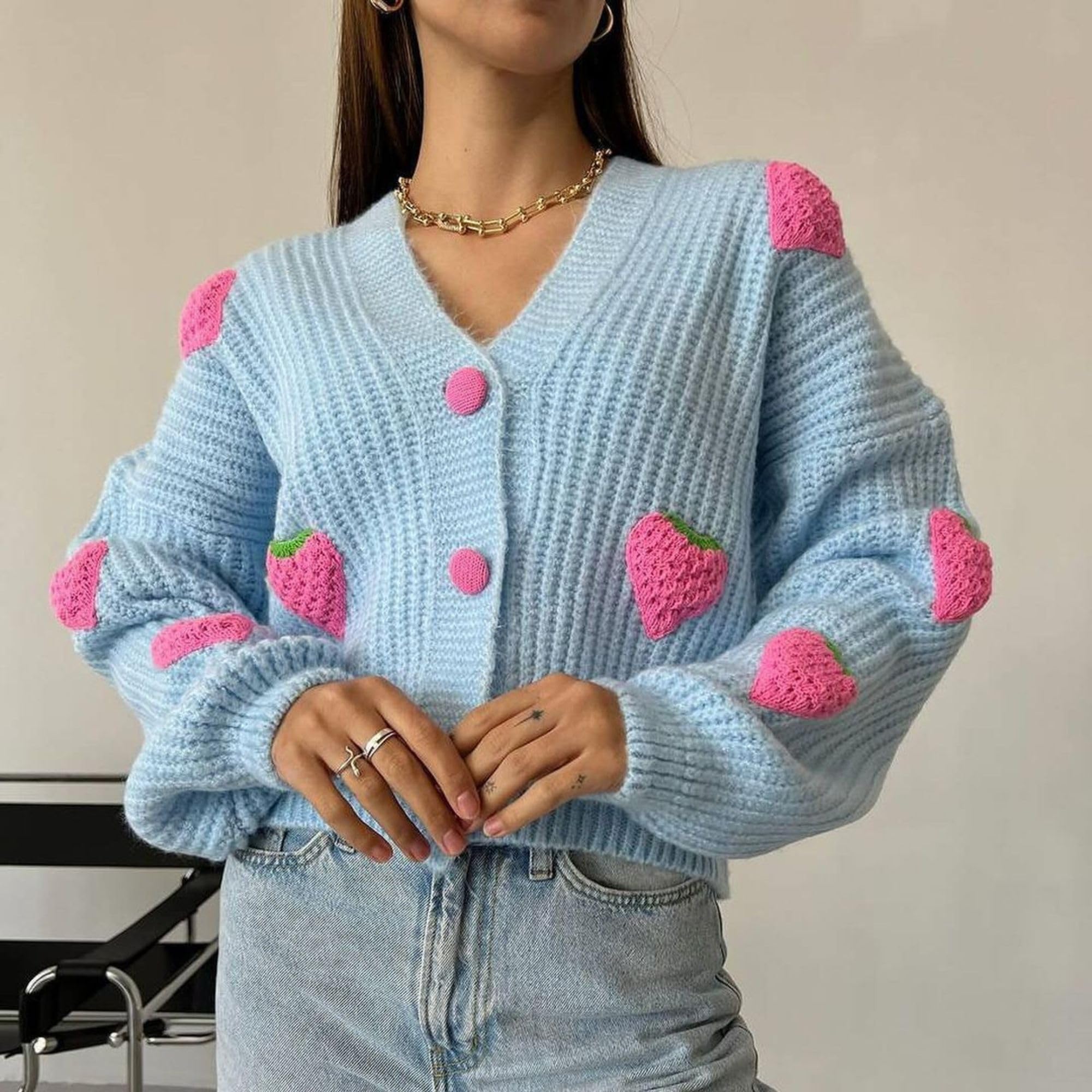 Women's Kawaii Strawberry Embroidered Cardigan Long Sleeve V Neck Chunky Knitted Cardigans
