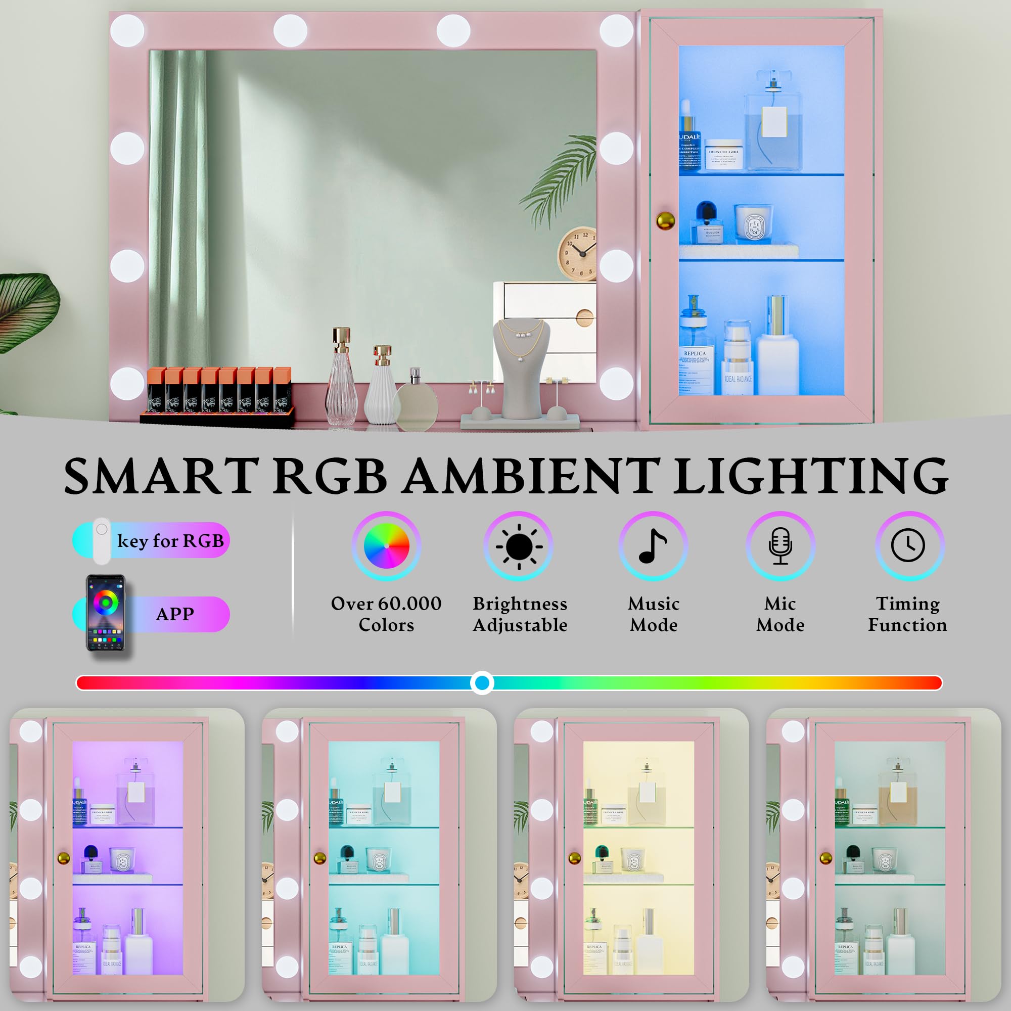Fluted Vanity Desk with Mirror and Lights, 45" Glass Top Makeup Table Set with 5 Drawers, Power Outlet & Storage Cabinet, Large Dressing Table with RGB Ambient Light