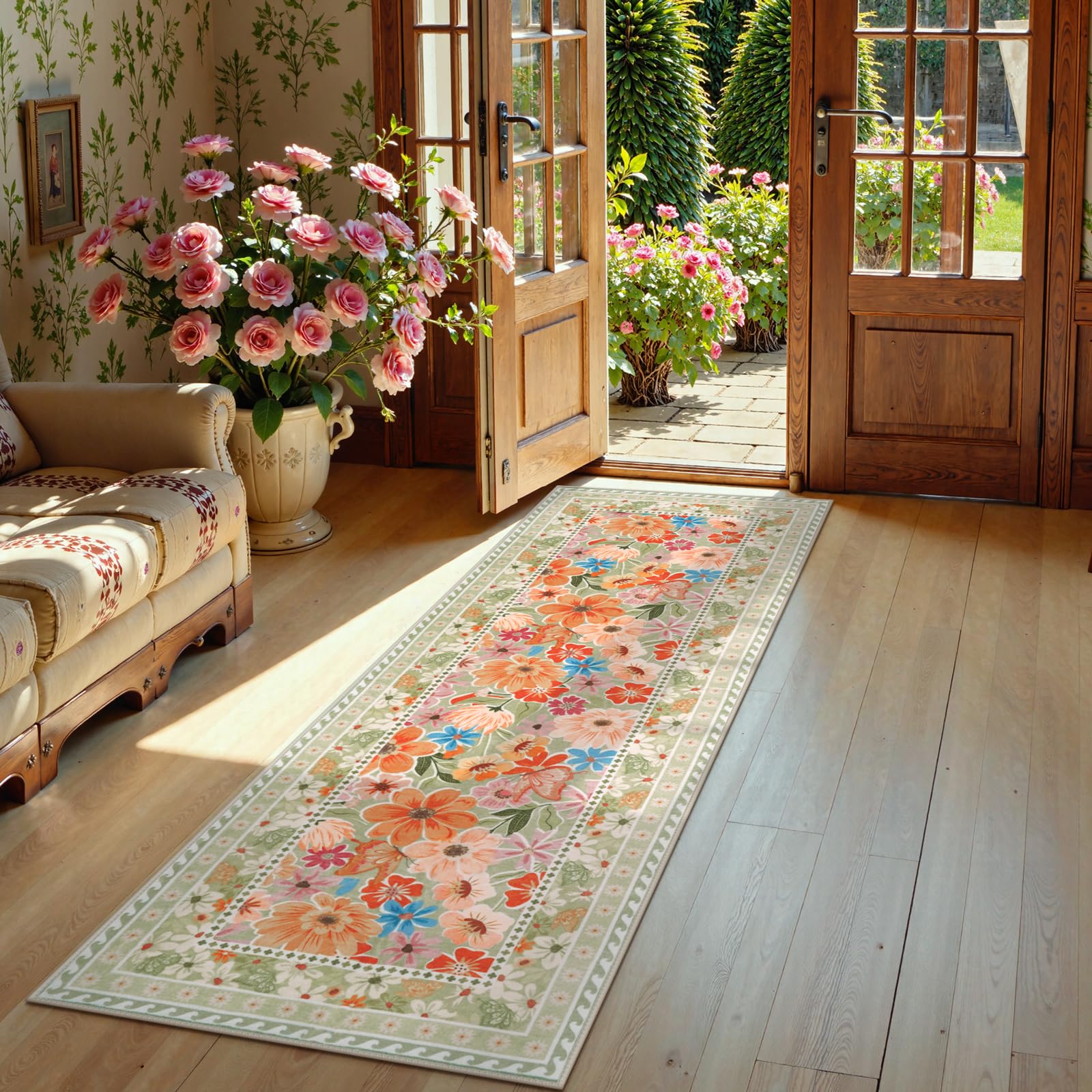 Floral Hallway Runner Rug, Runner Rugs Non Skid Washable, Low Pile Soft Boho Rugs
