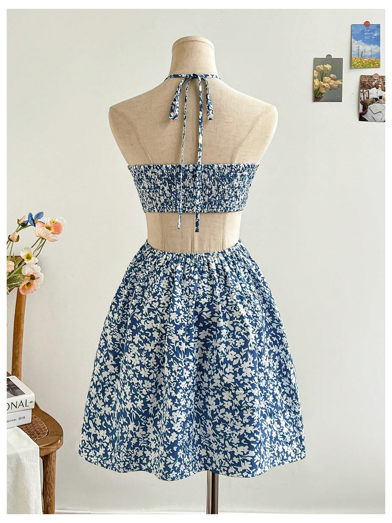 Women's Floral Halter Neck Vacation Dress Sleeveless Cut Out Boho Cami Dress