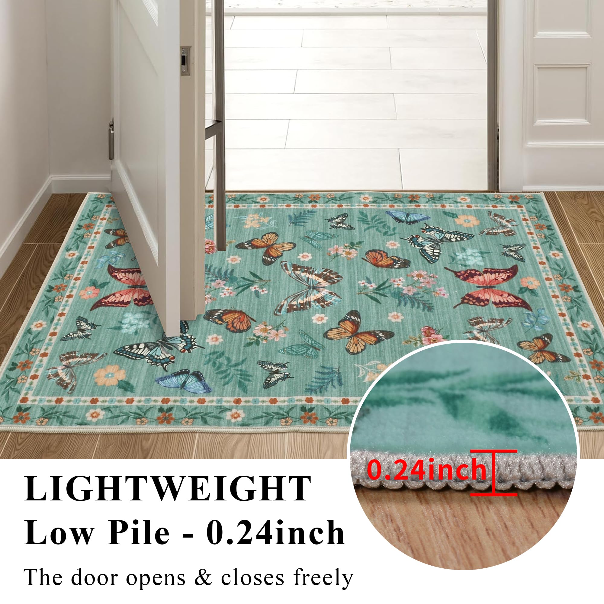 Insect Floral Area Rug, Machine Washable Area Rug Non-Slip Low Pile Large Bedroom Rug Stain Resistant Throw Rug Carpet