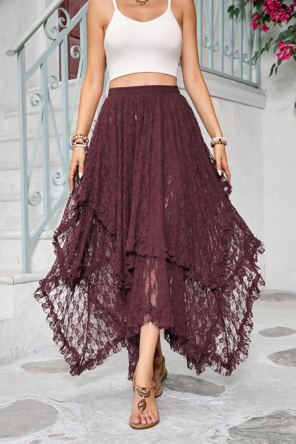 Women Lace Long Skirts Summer Elastic Asymmetrical Layered Hem Sexy See-Through Beach Floral Maxi Skirts