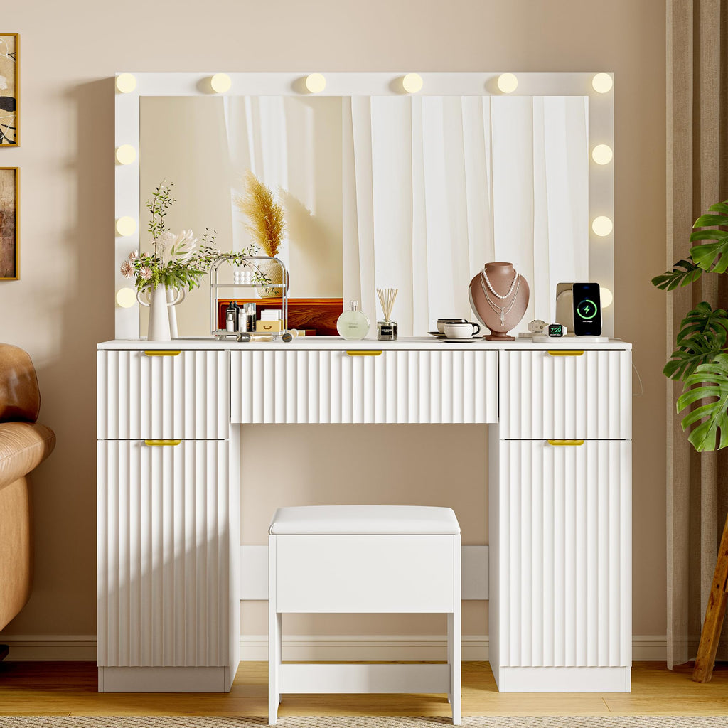 Makeup Vanity Desk with Mirror, Fluted Panel, Large LED Mirror, 3 Lighting Modes & Adjustable Brightness, Charging Station, Dressing Table with Stool