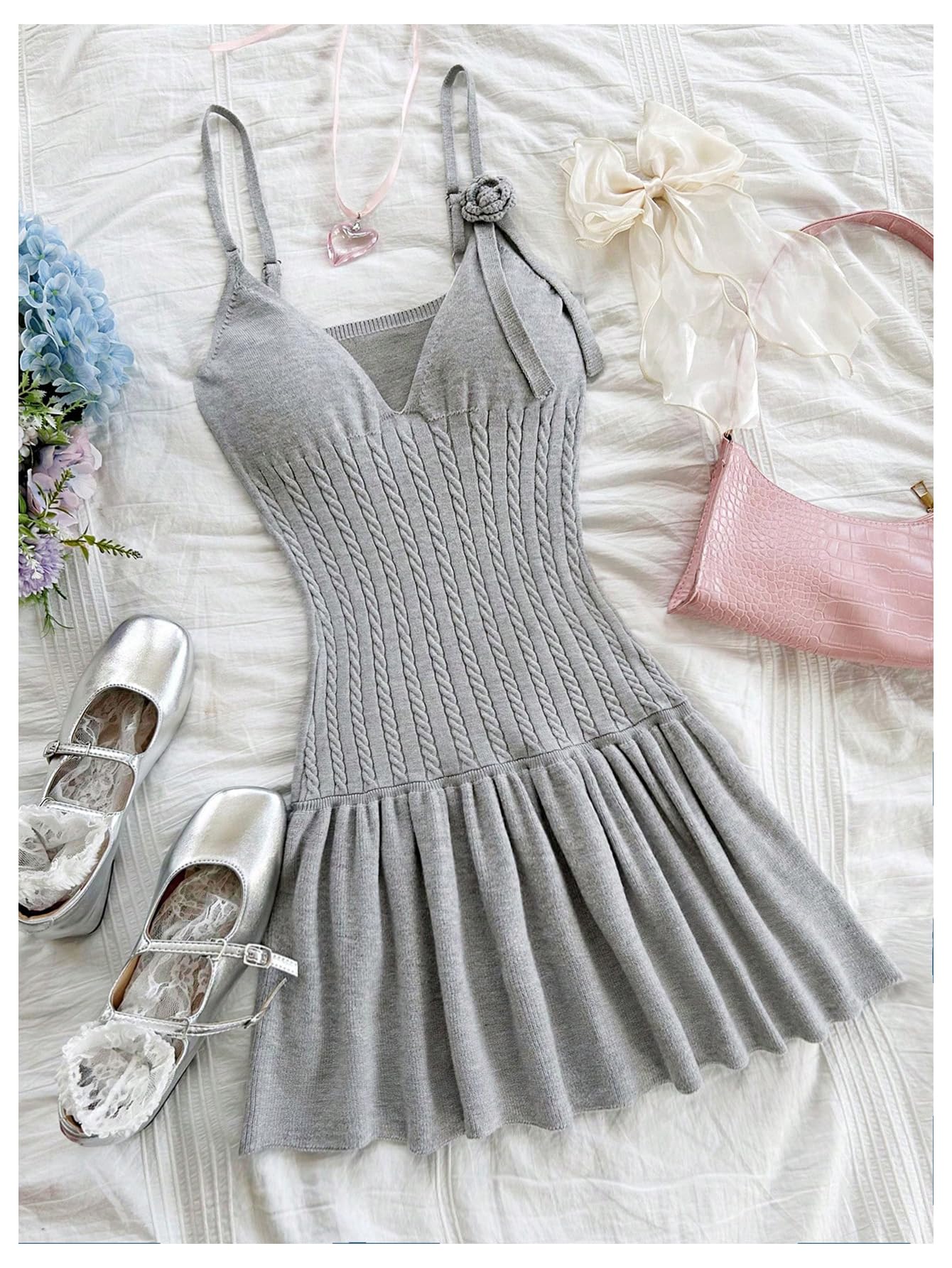 Women's 3D Floral Ruffle Mini Dress Cable Knit Spaghetti Strap Cami Dresses