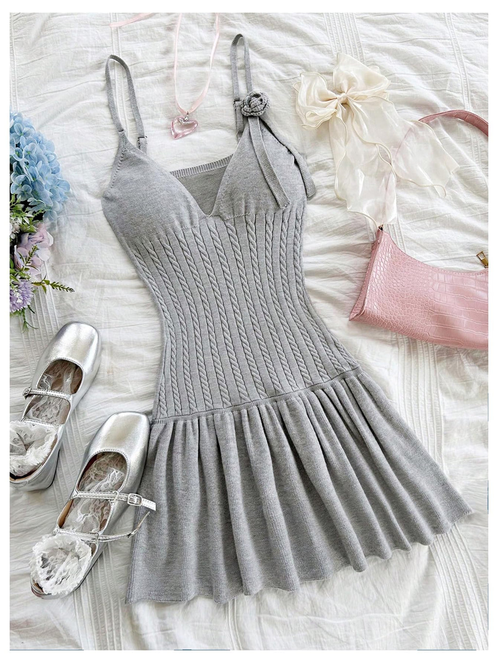 Women's 3D Floral Ruffle Mini Dress Cable Knit Spaghetti Strap Cami Dresses