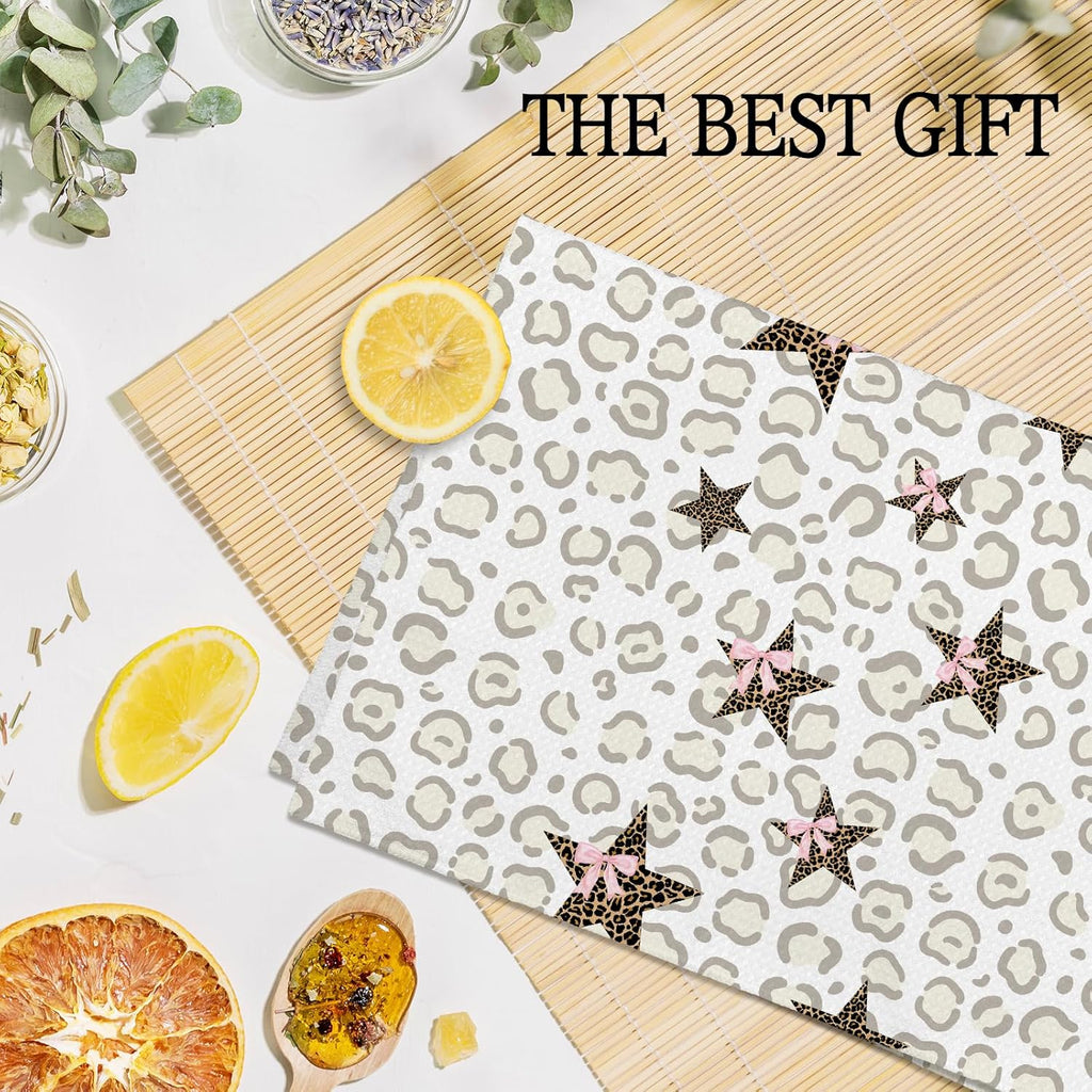 Retro Leopard Kitchen Towels, Coquette Pink Bow Cheetah, 16x24 Inch