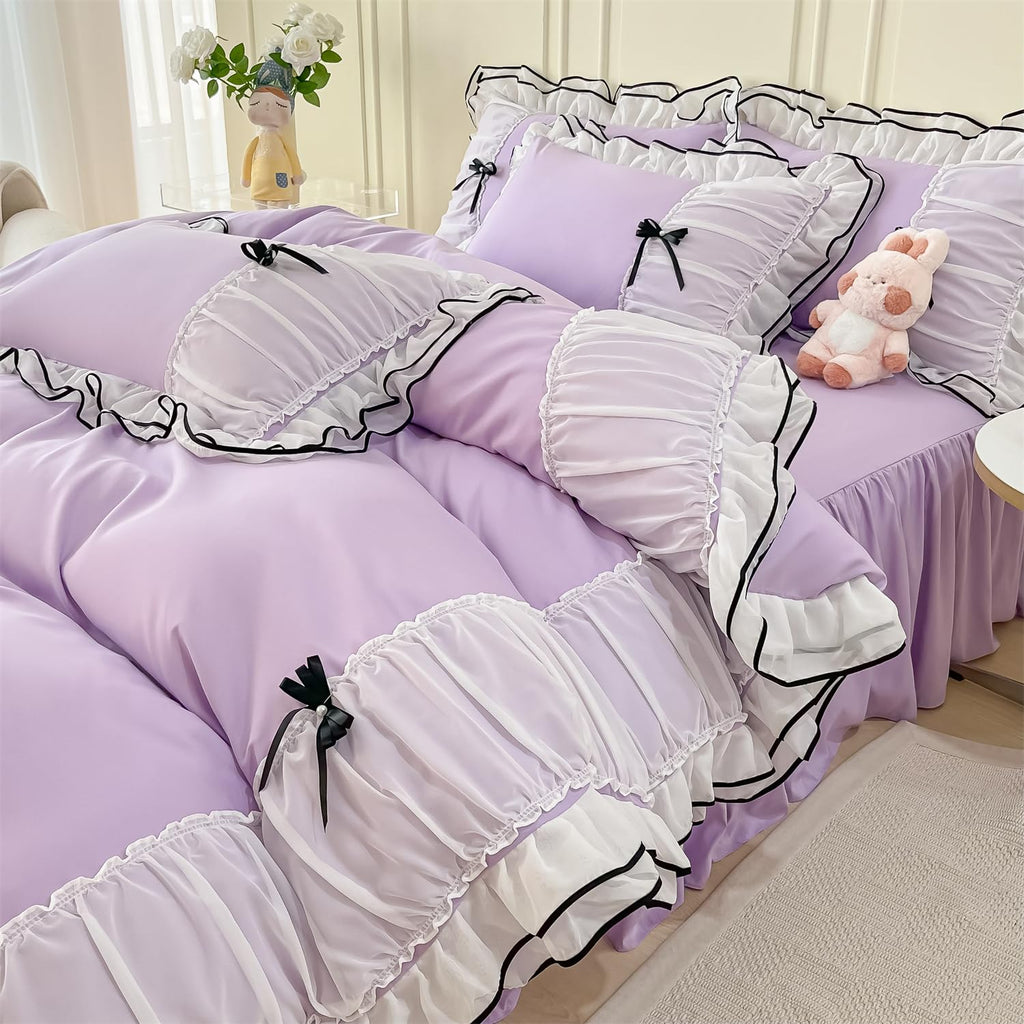 Duvet Cover Ruffle Beddding Set with Bowtie - 3 Pieces Comforter Cover Set with Zipper Closure & Pillowcase - Comforter Not Included