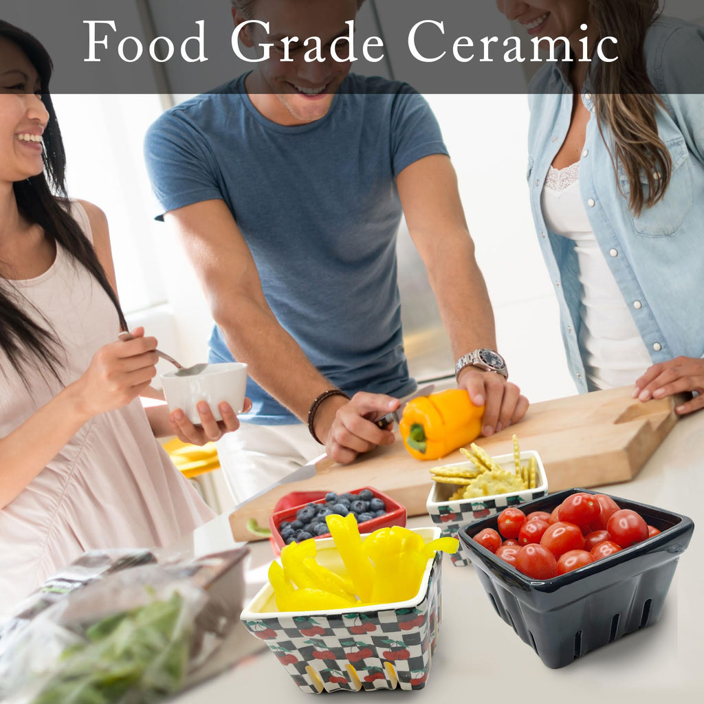 Farmhouse Ceramic Berry Basket, Colander, Fruit Decor, Fruit Bowls/Baskets, Kawaii Kitchen Bowl Fruit Pattern Stoneware Harvest Square Bowls Set of 4