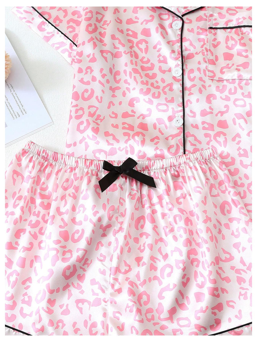 Women's Silk Satin Pajama Set Print Sleepwear Short Sleeve Button Down Pjs Shorts Cheetah Loungewear