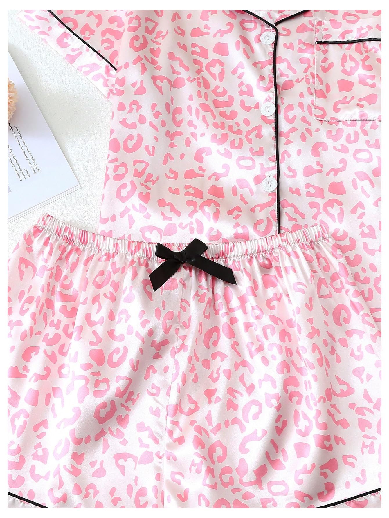 Women's Silk Satin Pajama Set Print Sleepwear Short Sleeve Button Down Pjs Shorts Cheetah Loungewear