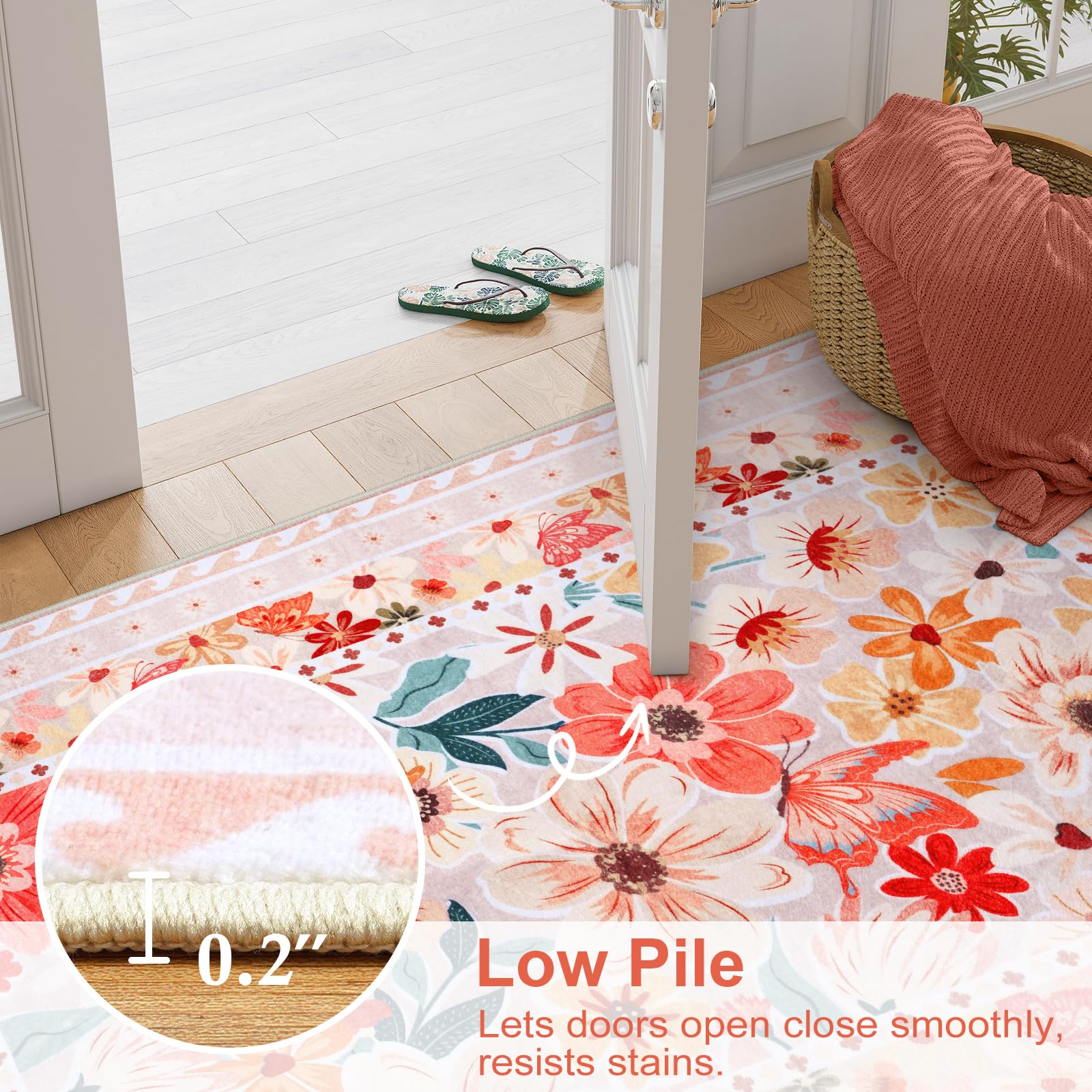 Floral Hallway Runner Rug, Runner Rugs Non Skid Washable, Low Pile Soft Boho Rugs