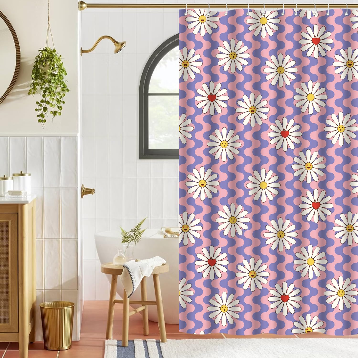 Cute Shower Curtain for Bathroom Modern Aesthetic Funky Decorative, Pretty Chic Cloth Set with Hooks, 72x72 Inch