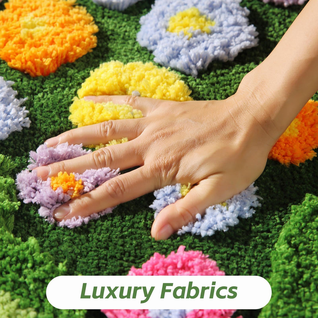 Moss Green Toilet Rugs, Luxury Tufted Extra Thick U-Shaped Toilet Rug,Cute Flower Green Moss Bath Mat Non Slip - Washable Water Absorbent Shag Bathroom Rugs for Bath