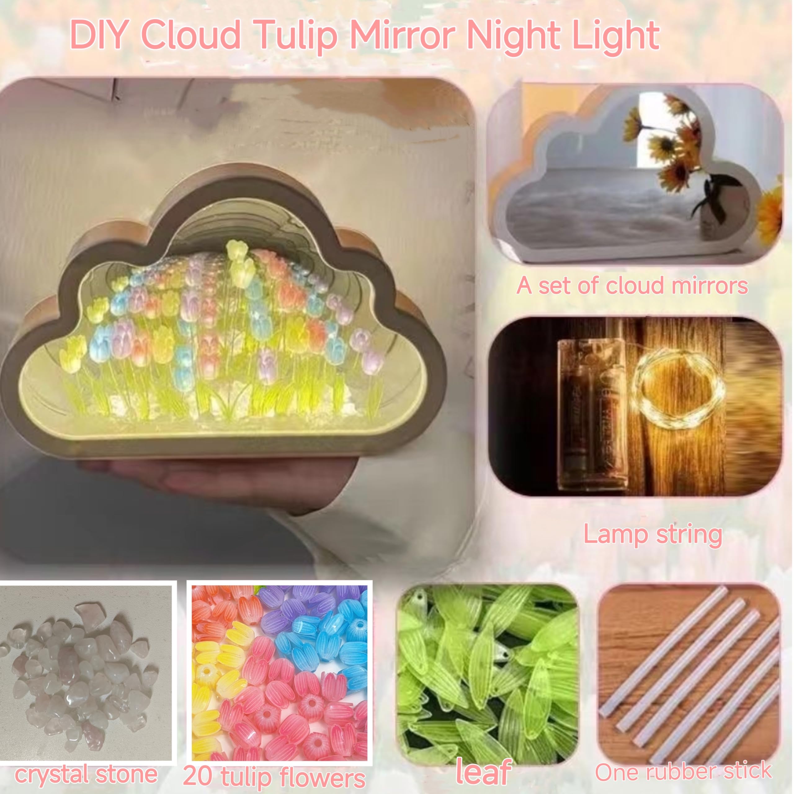 DIY Cloud Tulip Mirror Night Light, Simulation Flower Bedroom Cloud Tulip Table Lamp, Creative Home Decoration