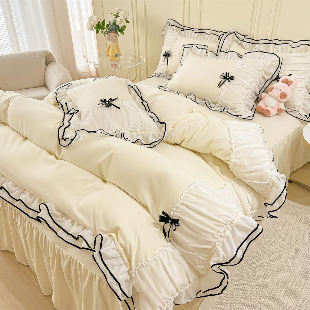 Duvet Cover Ruffle Beddding Set with Bowtie - 3 Pieces Comforter Cover Set with Zipper Closure & Pillowcase - Comforter Not Included