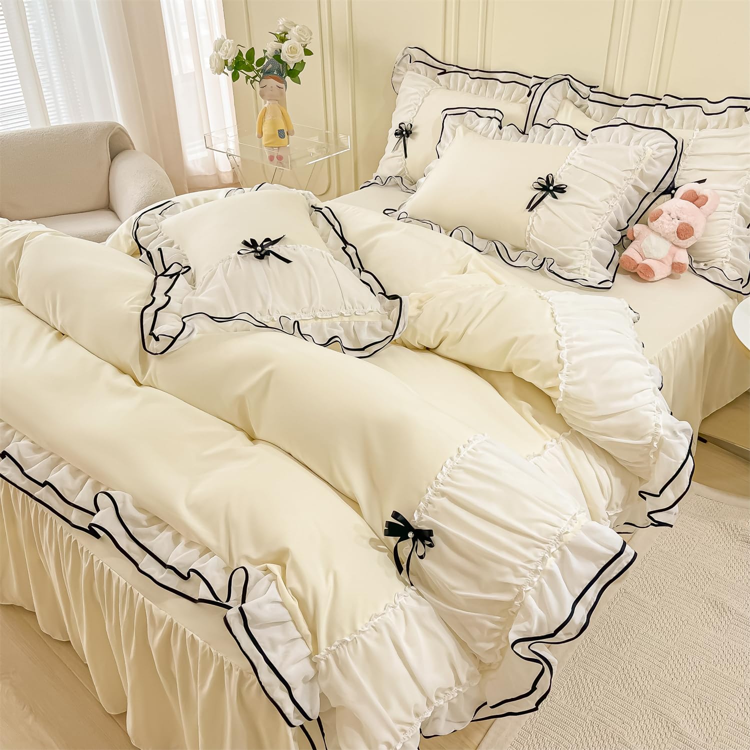 Duvet Cover Ruffle Beddding Set with Bowtie - 3 Pieces Comforter Cover Set with Zipper Closure & Pillowcase - Comforter Not Included