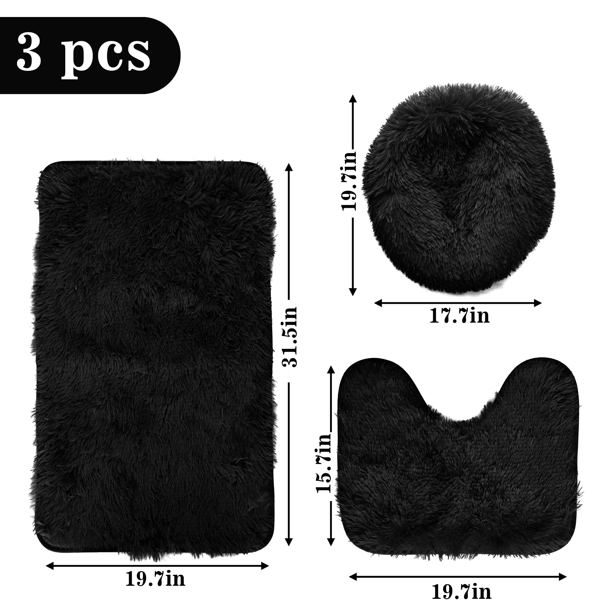 Shaggy Bathroom Rugs Sets 3 Piece for Bathroom Non-Slip - Water Absorbent Bath Rug Floor Mats Soft Washable Shower Rug with U-Shaped Contour Rug Toilet Lid Cover