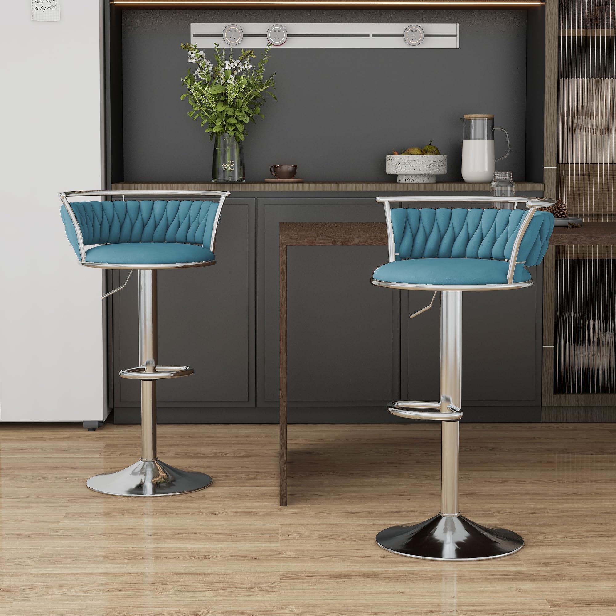 Velvet Swivel Bar Stools, Adjustable Counter Height Bar Chairs with Low Back & Footrest, Modern Gold Bar Stools for Kitchen Island, Bar Pub