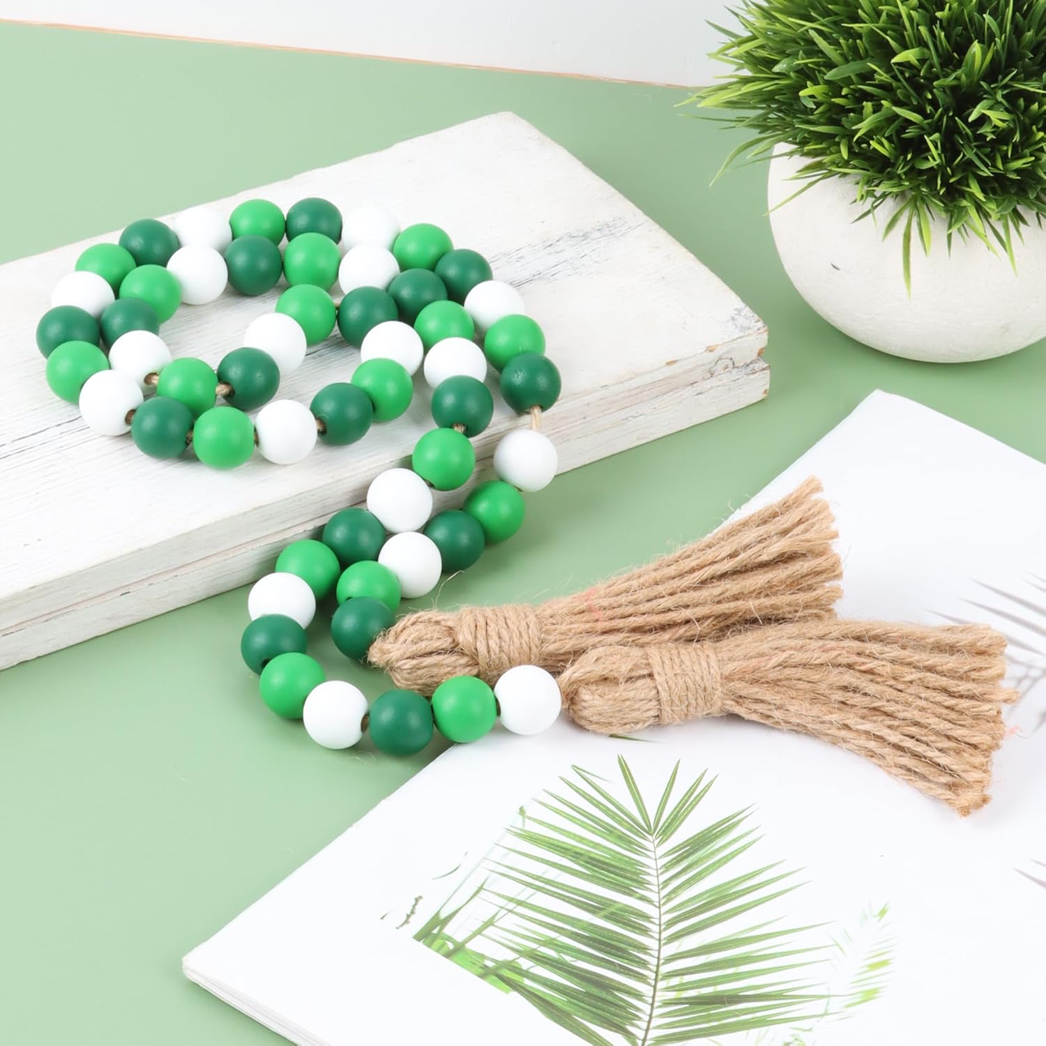 Wood Bead Garland,39in Farmhouse Beads with Tassels Boho Beads for Tiered Tray Decorative Beads Home Decor