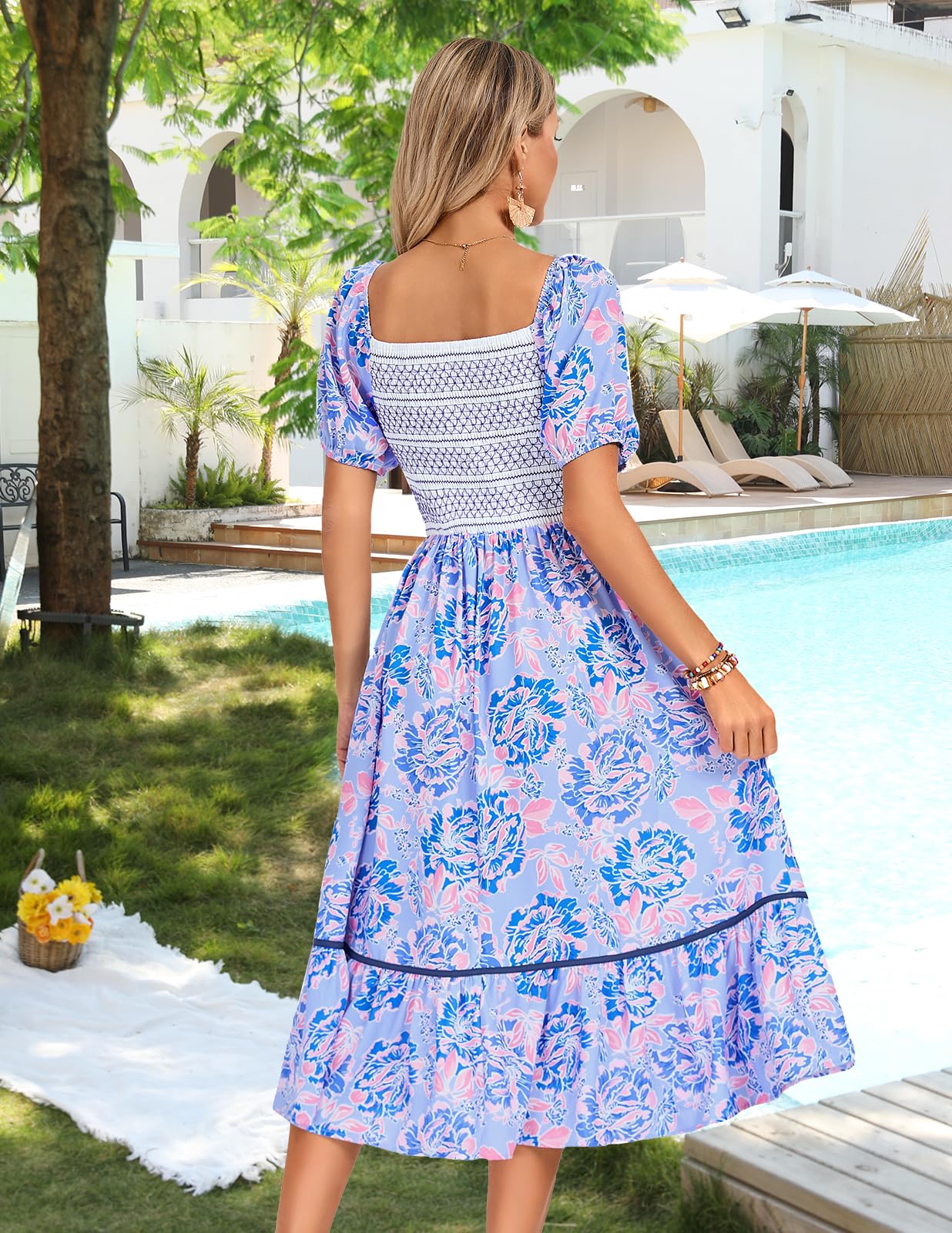 Kate Kasin Women's Summer Floral Boho Dresses Casual Square Neck Smocked Flowy Tiered Beach Midi Dress with Pockets