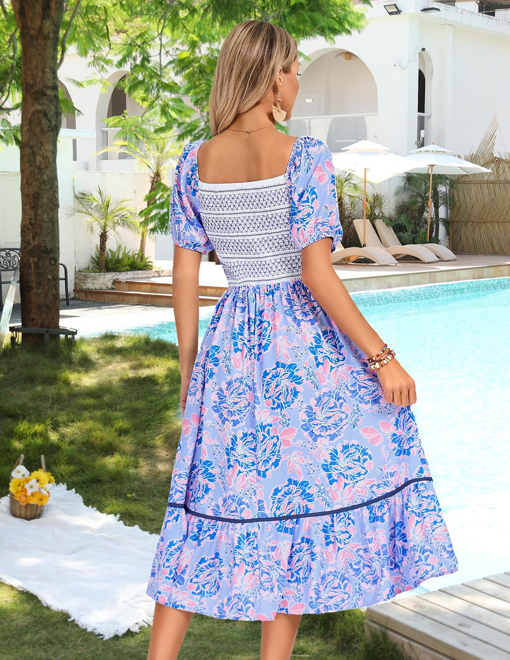 Kate Kasin Women's Summer Floral Boho Dresses Casual Square Neck Smocked Flowy Tiered Beach Midi Dress with Pockets