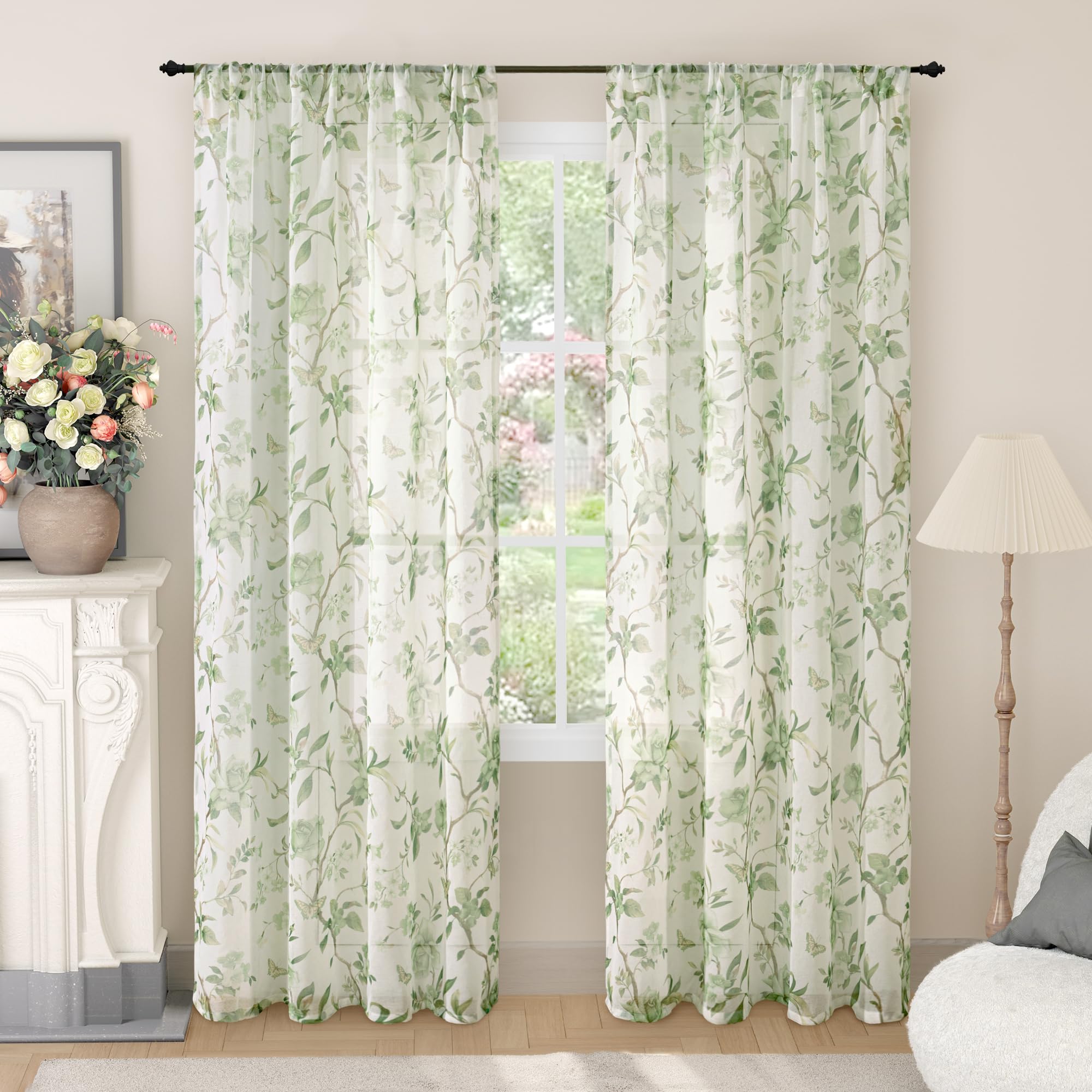 Floral Sheer Curtains, Vintage Light Filtering Semi-Sheer Linen Curtains