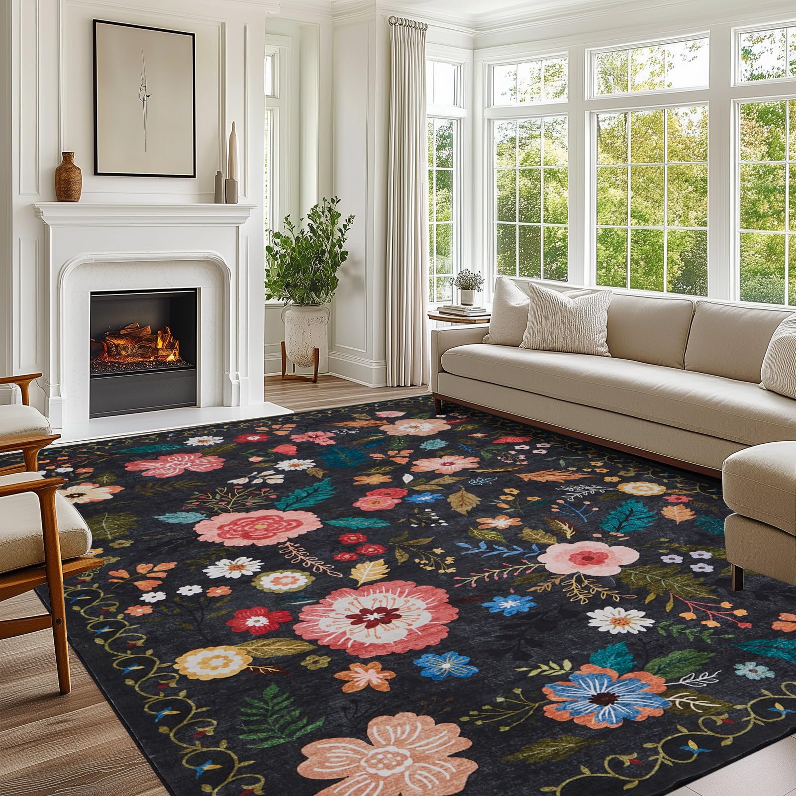 Boho Floral Vintage Rug for Home Washable Rugs Soft Low Pile, Non Slip Non-Shedding
