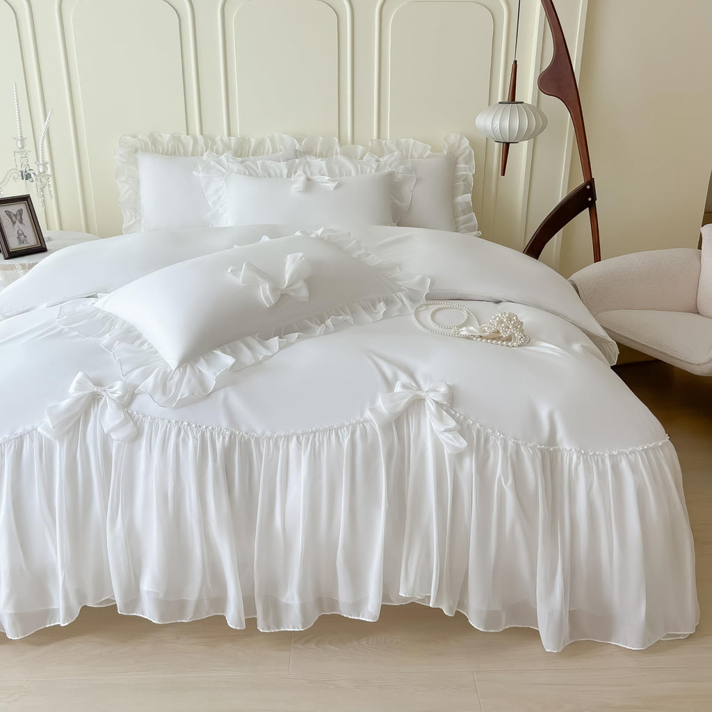 Girls Lace Bedding,Queen Comforter Cover Set, Chic Ruffled Duvet Cover with Lovely Bow,Princess Style 1 Duvet Cover with 2 Pillowcases, No Comforter-Hot Pink,Full Size