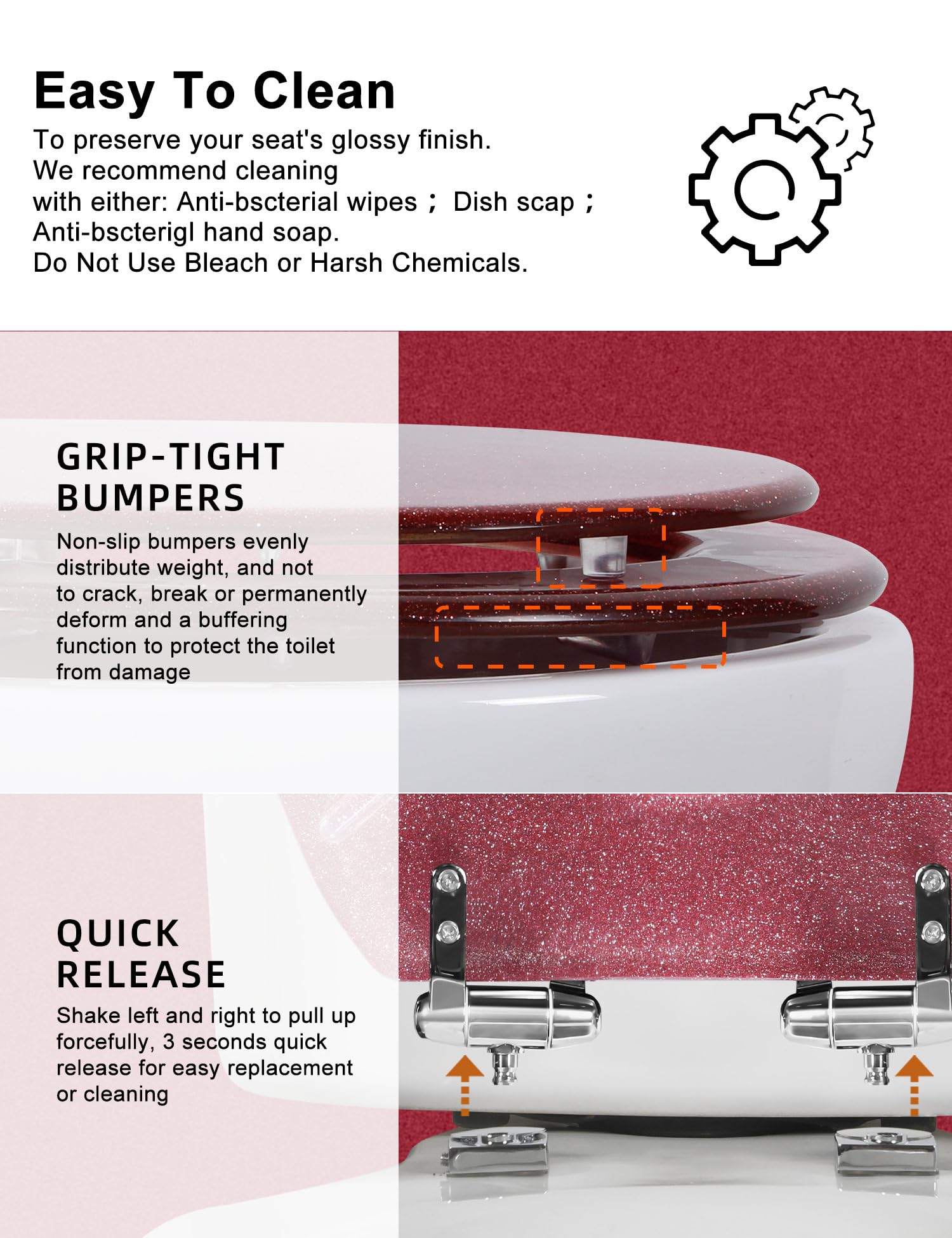 Round Resin Toilet Seat Glitter Soft Close Quick Release Metal Zinc Alloy Hinge Easy to Install also Easy to Clean, Decorative Acrylic Seats (17 Inch)