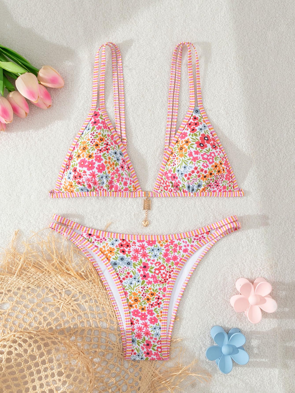 Women's Boho Floral Tie Side Triangle High Cut Bikini Set Bathing Suit Swimsuit