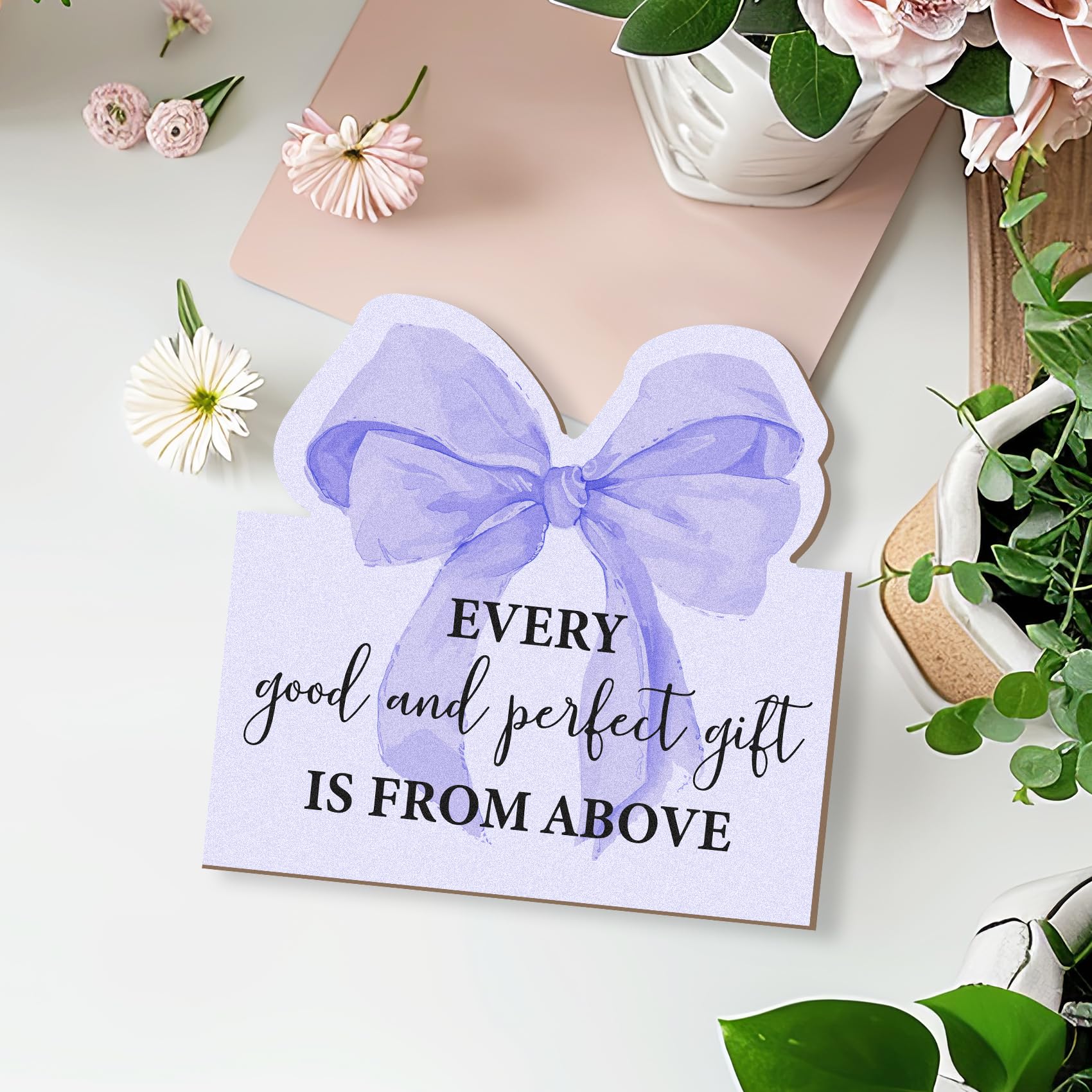 Preppy Pink Bow Front Porch Door Decor, Scripture Wall Hanging Decor - Every Good and Perfect is from Above, 12x12 Inch