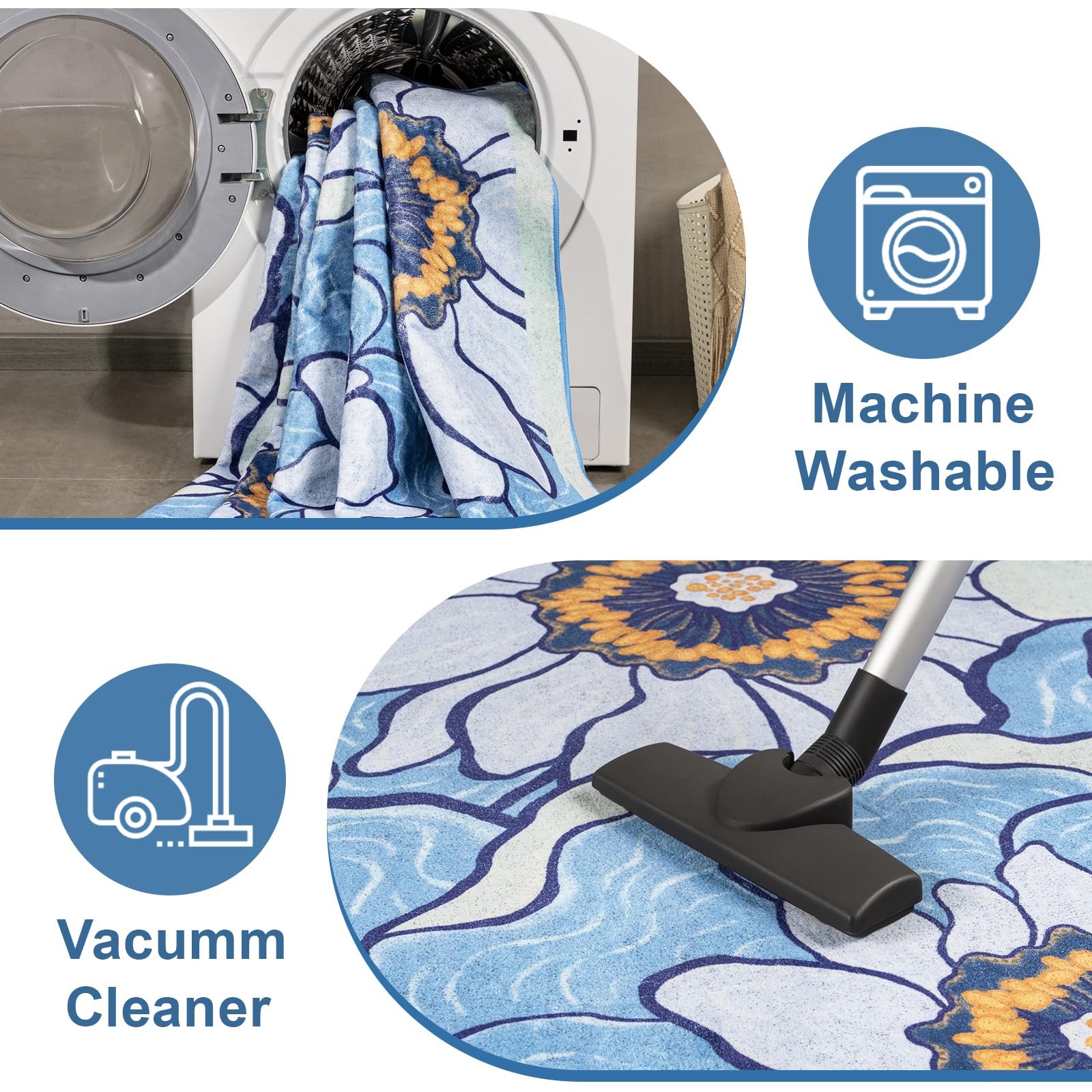 Faux Wool Boho Floral Area Rug Abstract Print Soft Carpet, TPR Non-Slip Backing, Machine Washable Low Pile Rug