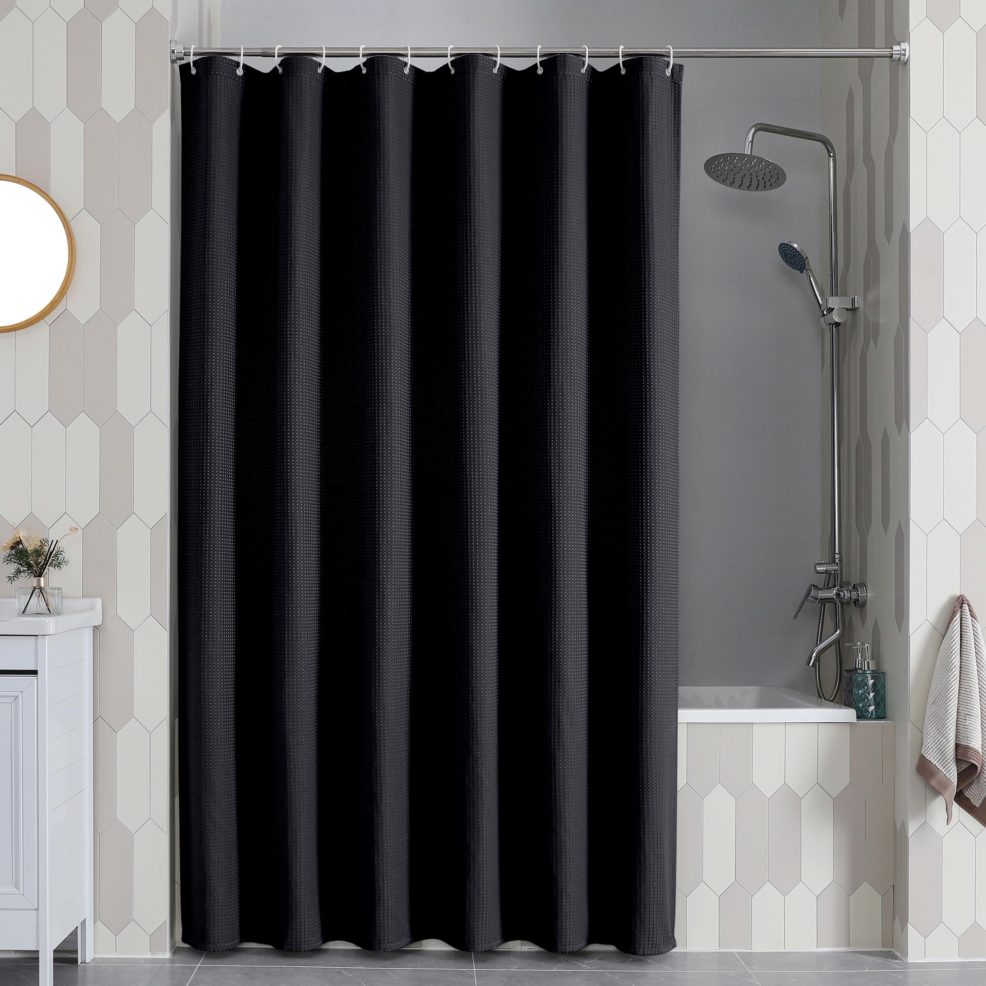 Waffle Textured Heavy Duty Fabric Shower Curtain for Bathroom, Luxury Hotel Weighted 230GSM Bath Curtain with 12 Plastic Hooks, Machine Washable, 72x72