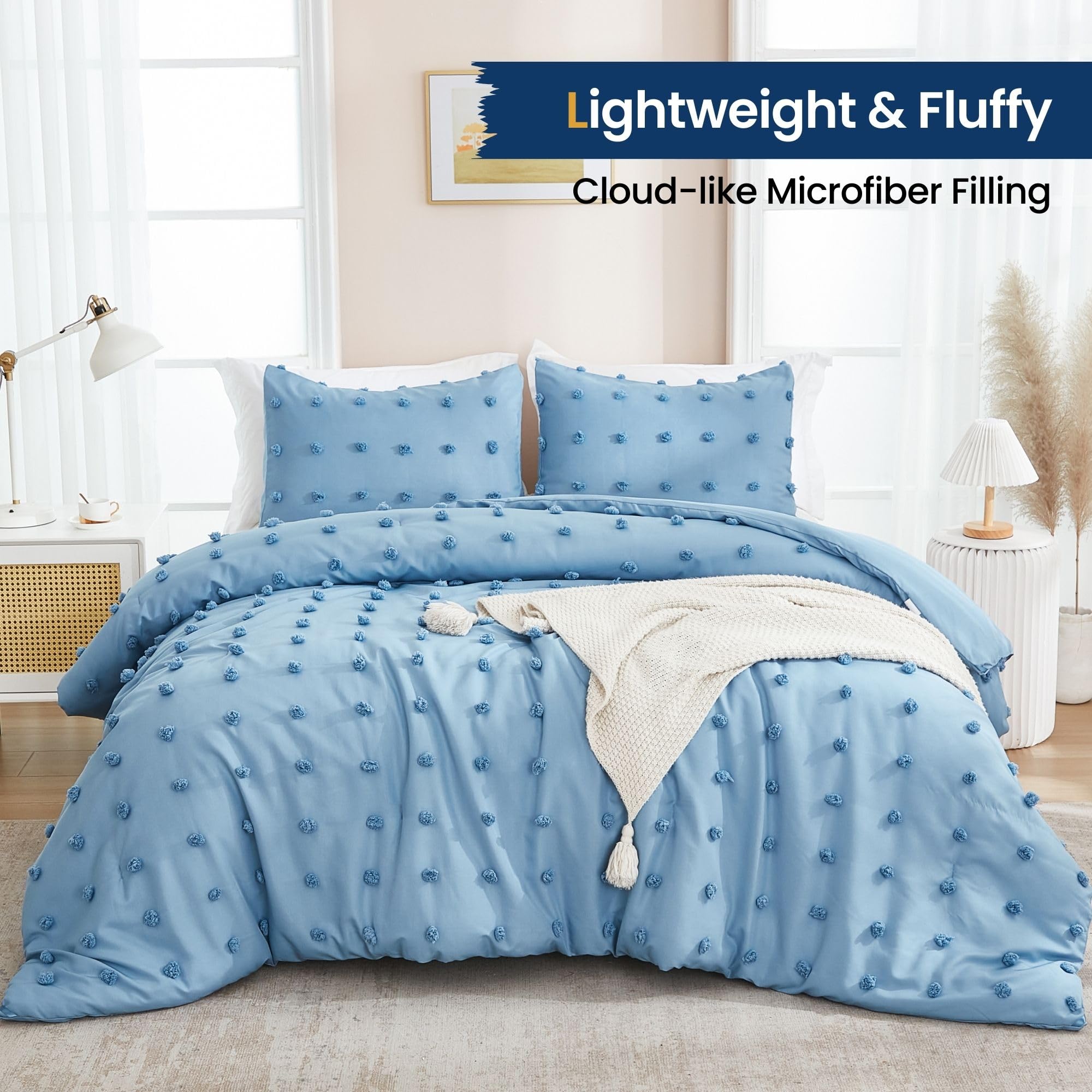 Comforter Set, 2 Pieces- Soft Cotton Lightweight Comforter with 1 Pillowcase, Chenille Dots All Season Down Alternative Comforter Set for Bedding