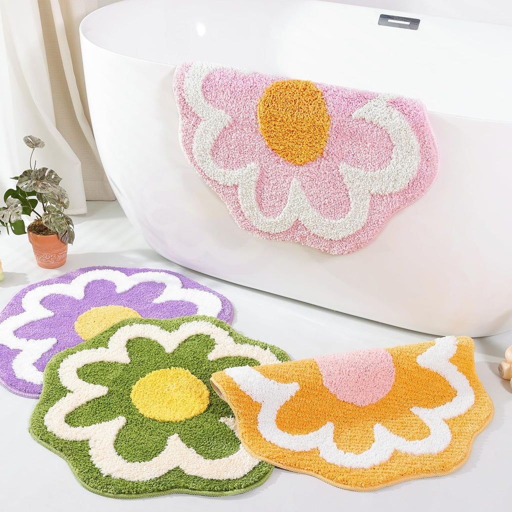 Cute Flower Bath Mat, Machine Washable Bath Rug, Ultra Soft and Fluffy Bathroom Mat, Small Round Non-Slip Water Absorbent Bath Mats for Bathroom Floor, Shower Room and Bathtub