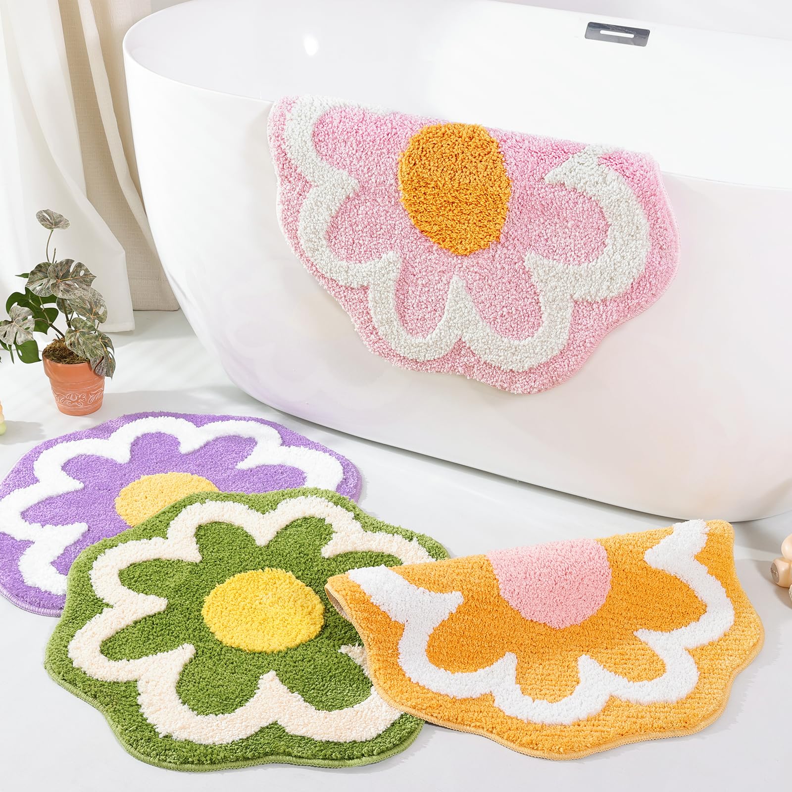 Cute Flower Bath Mat, Machine Washable Bath Rug, Ultra Soft and Fluffy Bathroom Mat, Small Round Non-Slip Water Absorbent Bath Mats for Bathroom Floor, Shower Room and Bathtub